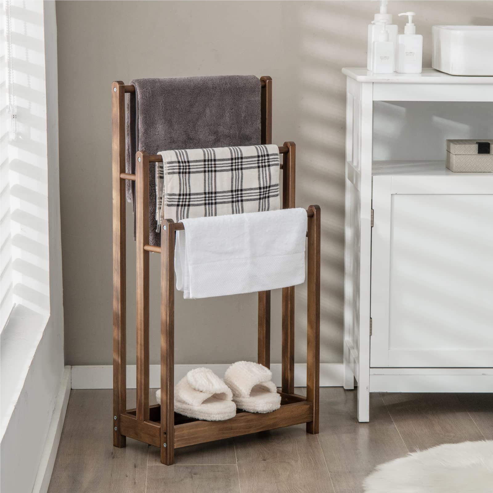 Image of Freestanding Towel Rack, Wooden Towel Holder With 3 Towel Bars & Lower Shelf & Tilt Protection, Brown Drying Rack For Bathroom, Hotels (brown)
