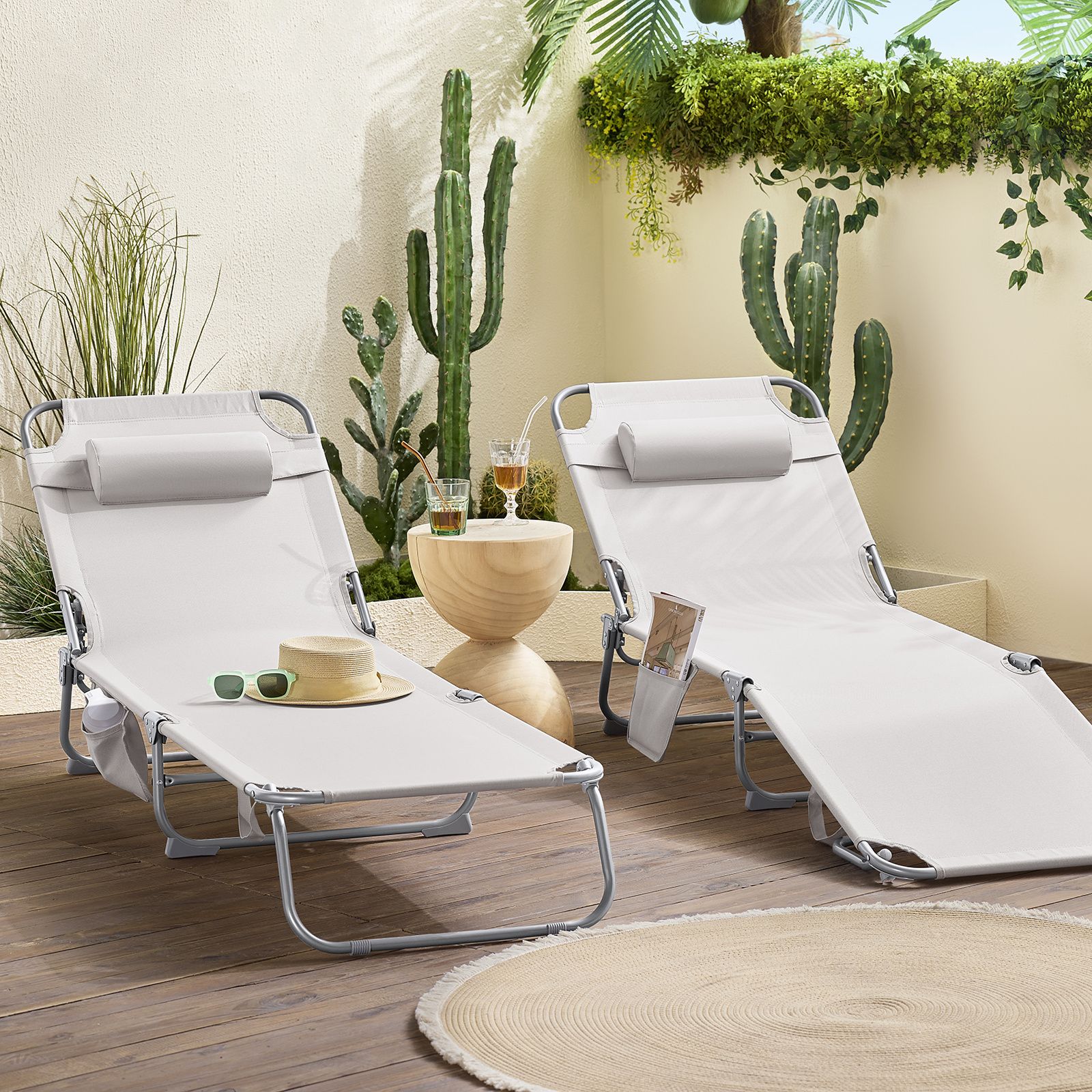 Image of Lot Of 2 Folding Outdoor Garden Sun Lounger With Pillow Long Relax Chair With Lateral Furniture For Terrace Beach Pool Red 155x56x81 Cm - Pht46-sy3