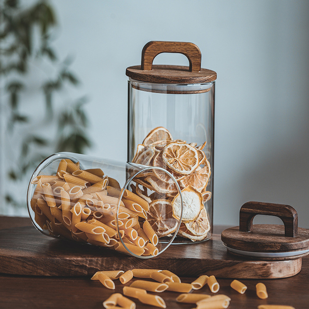 TEMU 1000ml Glass Jar With Wooden Lid And Handle Sealed Bean Jar Large Capacity Storage Jar Round Glass Jar, Kitchen Storage Container