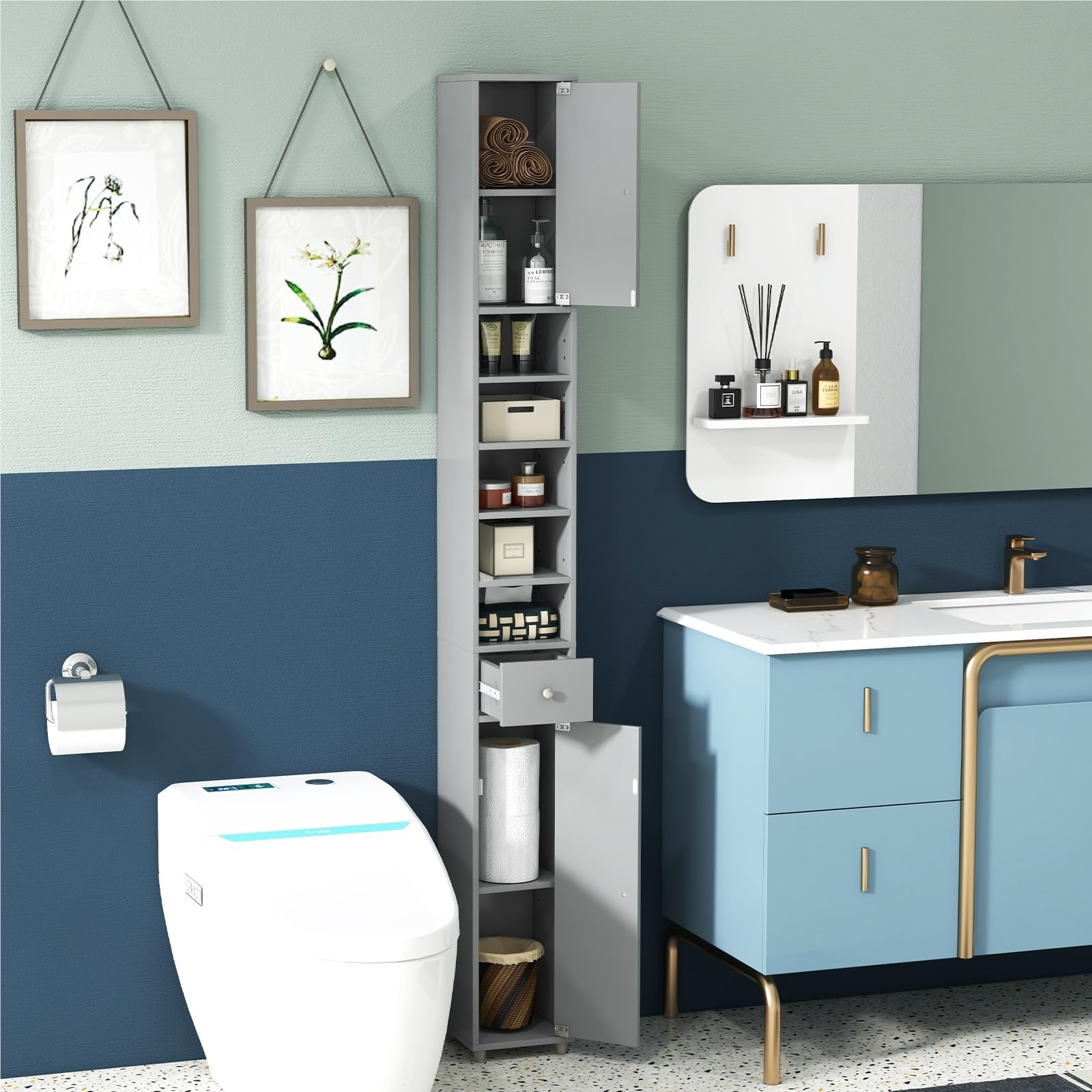 Image of Narrow Bathroom Cabinet, Bathroom Cabinet With 2 Doors, 1 Drawer And Adjustable Shelves, Space- Bathroom Shelf For Bathroom, Living Room, Kitchen, 20 X 20 X 180 Cm (light Gray)