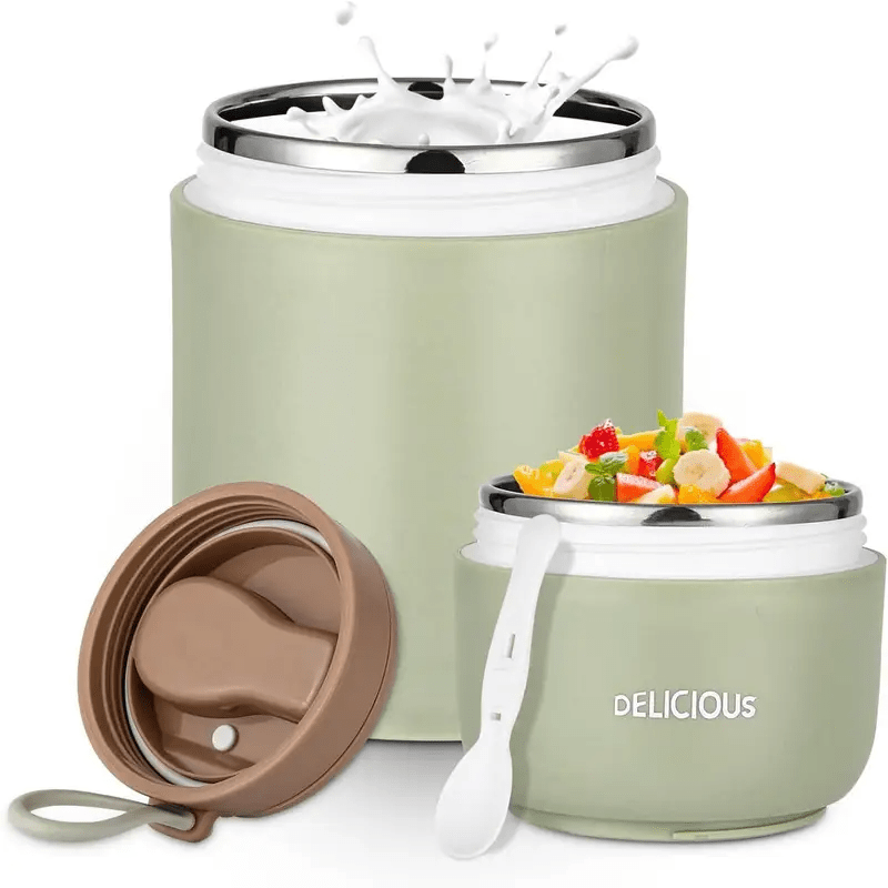 E-shop Müslitasse zum Mitnehmen, Edelstahl Breibecher, 720 ml, auslaufsicherer Joghurtbecher zum Mitnehmen mit Löffel und Deckel, doppellagiger