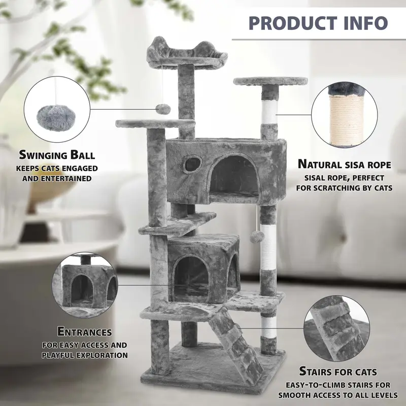 de de gato de 138 cm - de atividades de vários níveis com postes de arranhar, apartamentos, e plataformas - casa de escalada de gato resistente para interno e plataformas para gatos Detalhes do produto 2