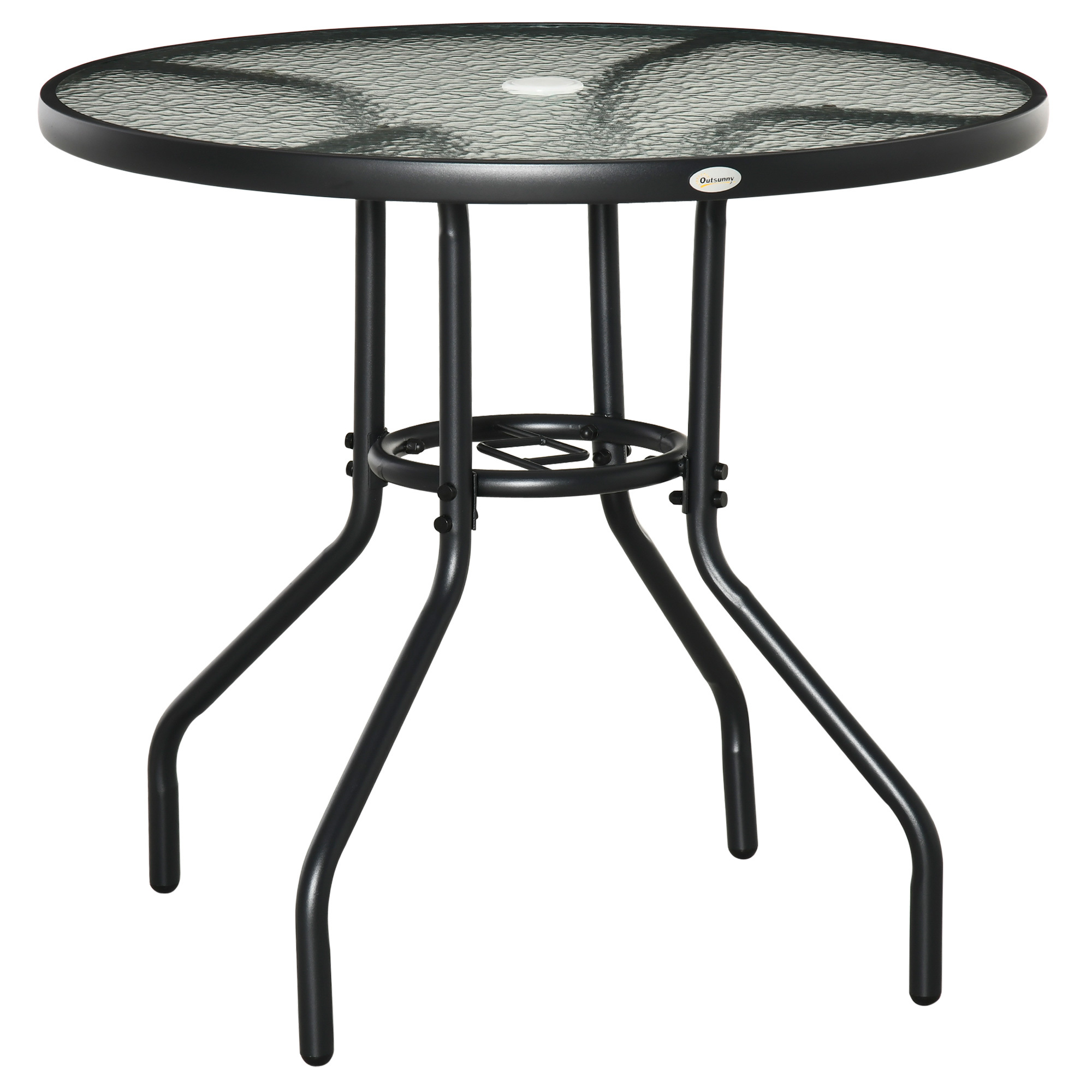 TEMU Round Dining Table With Parasol Hole, Outdoor Coffee End Side Table With Tempered Glass Top, For Garden, Black
