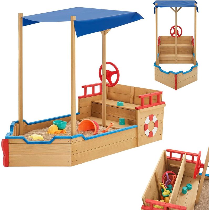 E-shop Sandkasten Käpt'n Pit Piratenschiff Boot aus Holz große Kinder Sandkiste für Garten mit Bodenplane, Dach & Sitzbank Outdoor Sandbox