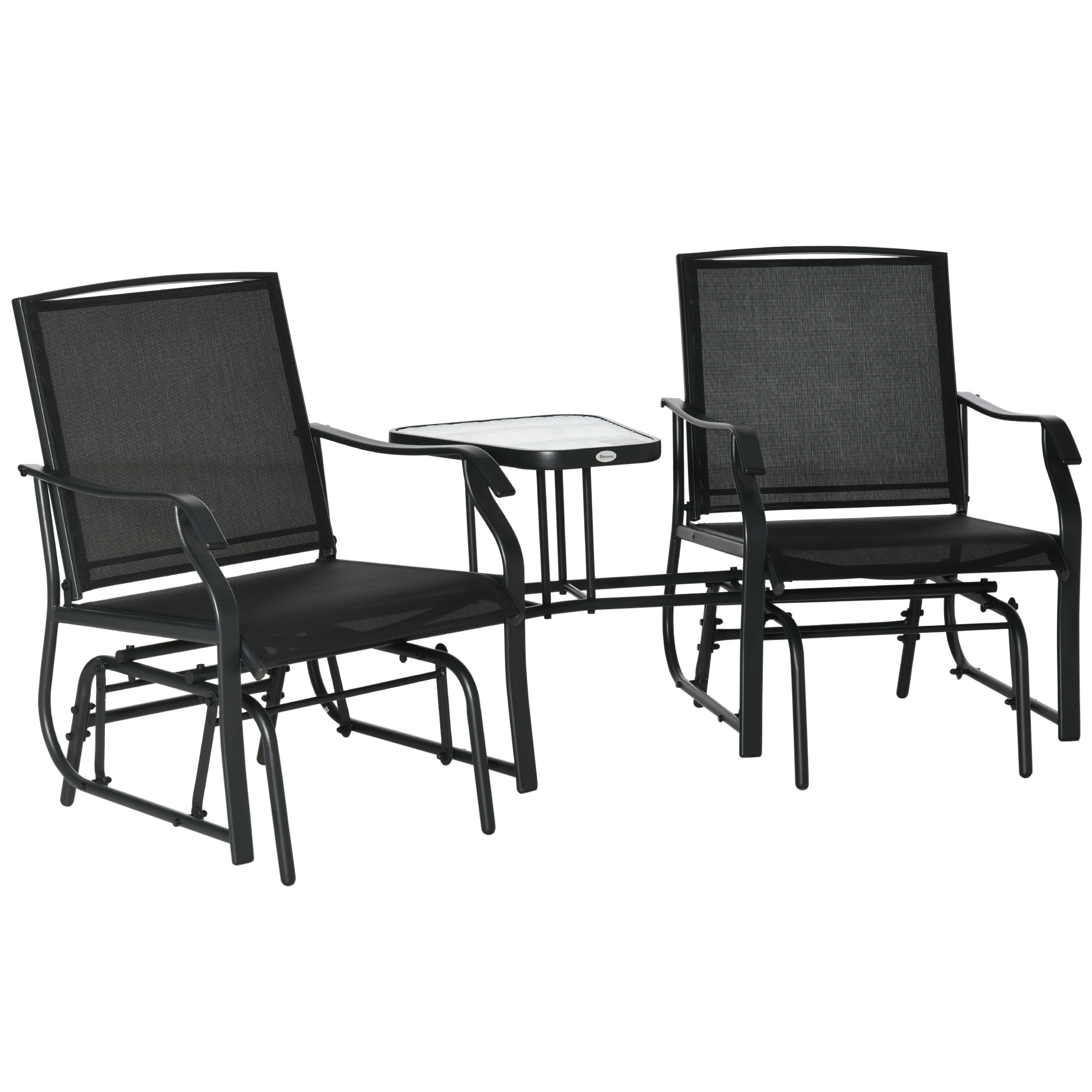 outdoor double glider rocking chairs with glass top middle table metal gliding love seat conversation furniture with breathable mesh fabric seat for garden patio