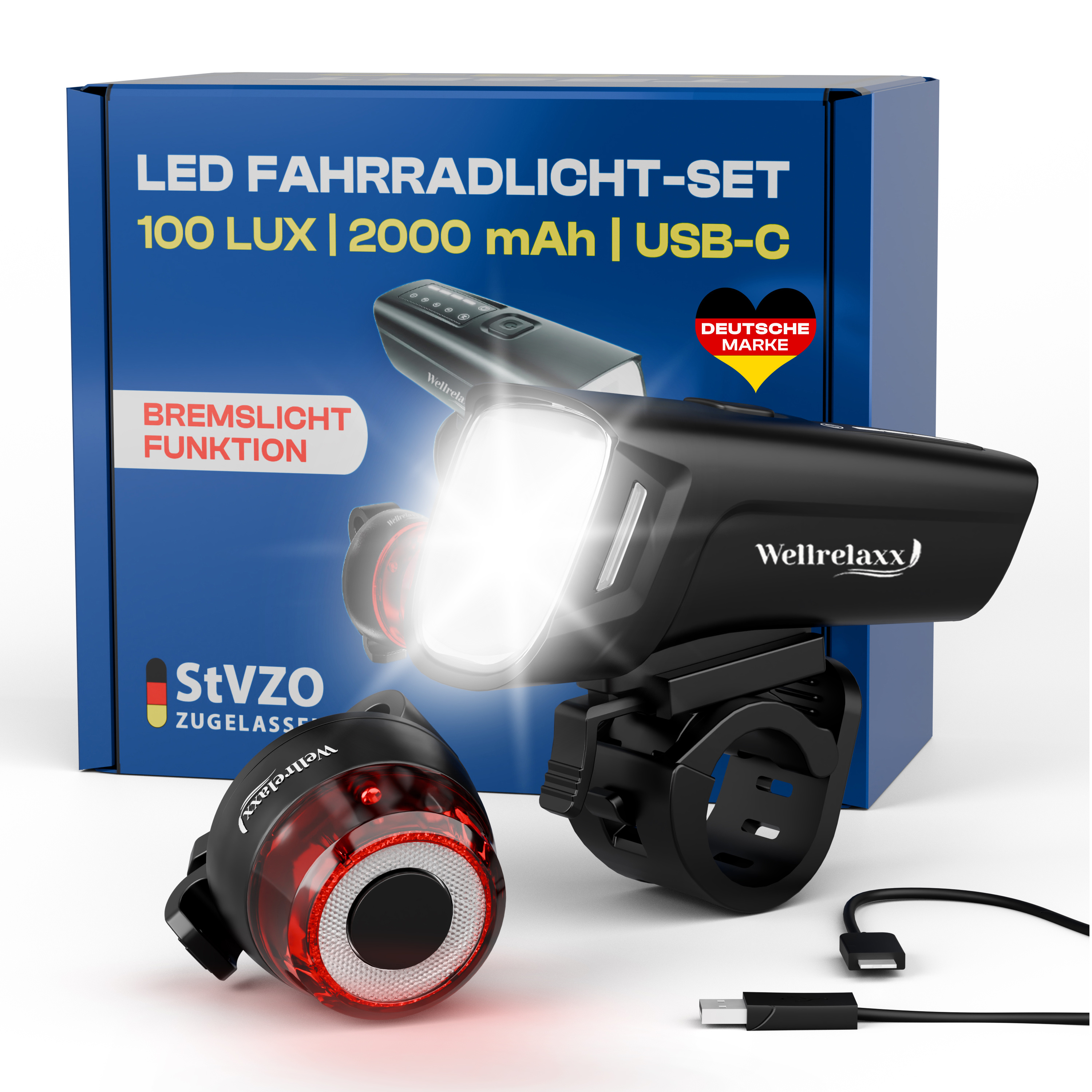 TEMU Led Bike Light Set Usb Rechargeable 100lux | Bike Light Approved | Bike Lighting Set Consisting Of Front Light And Rear Light With Brake Light