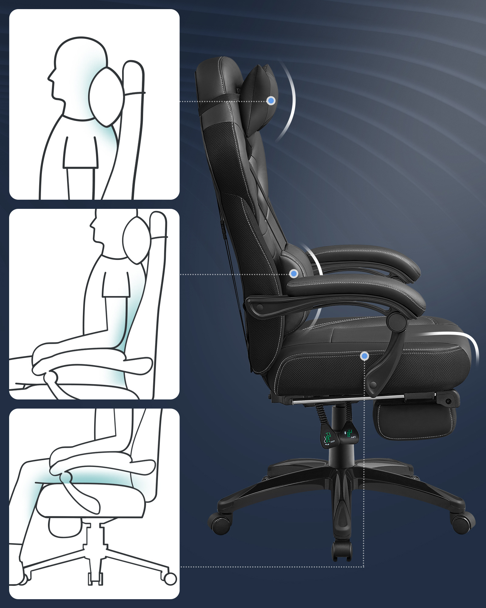 Ergonomische Gamerstoel - Bureau Stoel met Telescopische Voetsteun - Verstelbare Hoofdsteun - Lendensteun - Maximale Belasting 150 kg