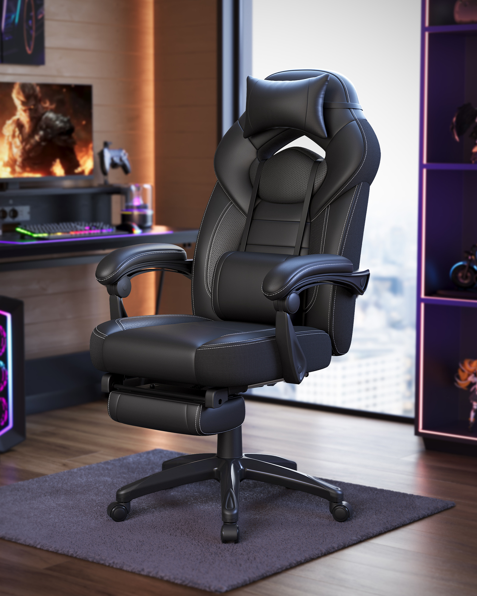 Ergonomische Gamerstoel - Bureau Stoel met Telescopische Voetsteun - Verstelbare Hoofdsteun - Lendensteun - Maximale Belasting 150 kg