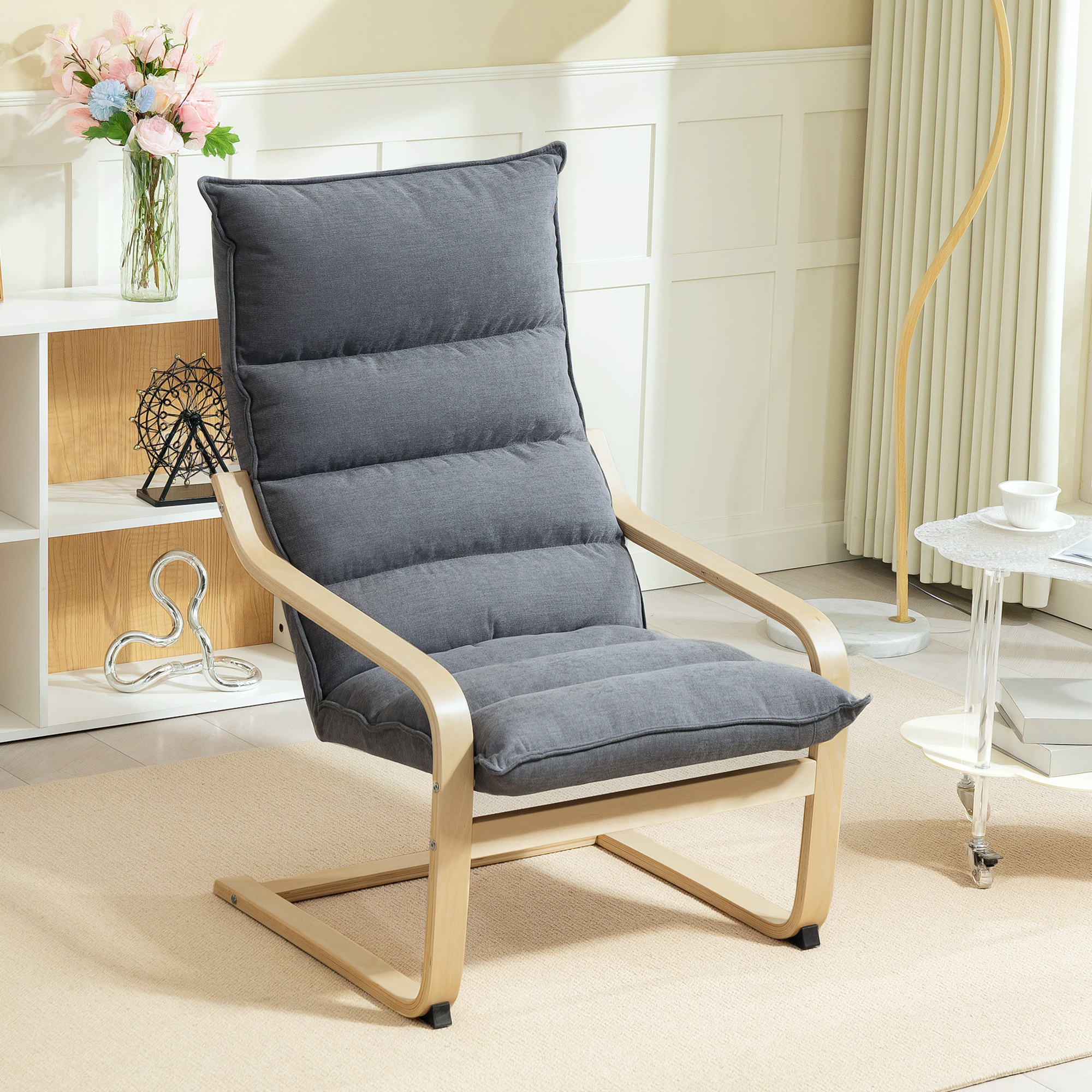 Image of Homcom Modern Rocking Chair With Wooden Armrests And Thick Velvet Cushions, 67x83x105 Cm, Grey