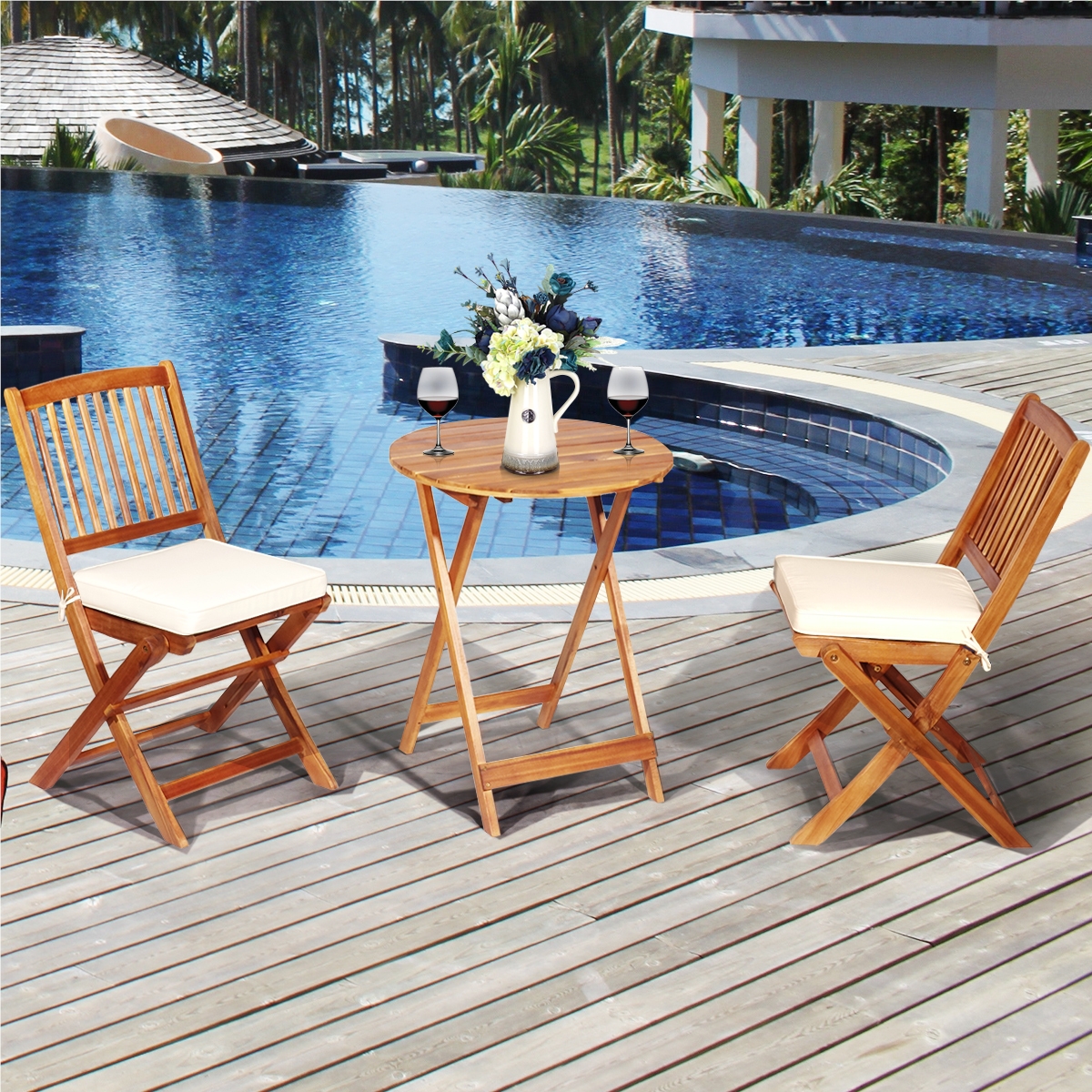 Image of 3-piece Balcony Furniture Set, Bistro Table With 2 Chairs, Foldable Acacia Wood Balcony Set With 2 Cushions, Bistro Set, Garden Furniture, Seating Set, Seating Group For Garden, Balcony (beige)