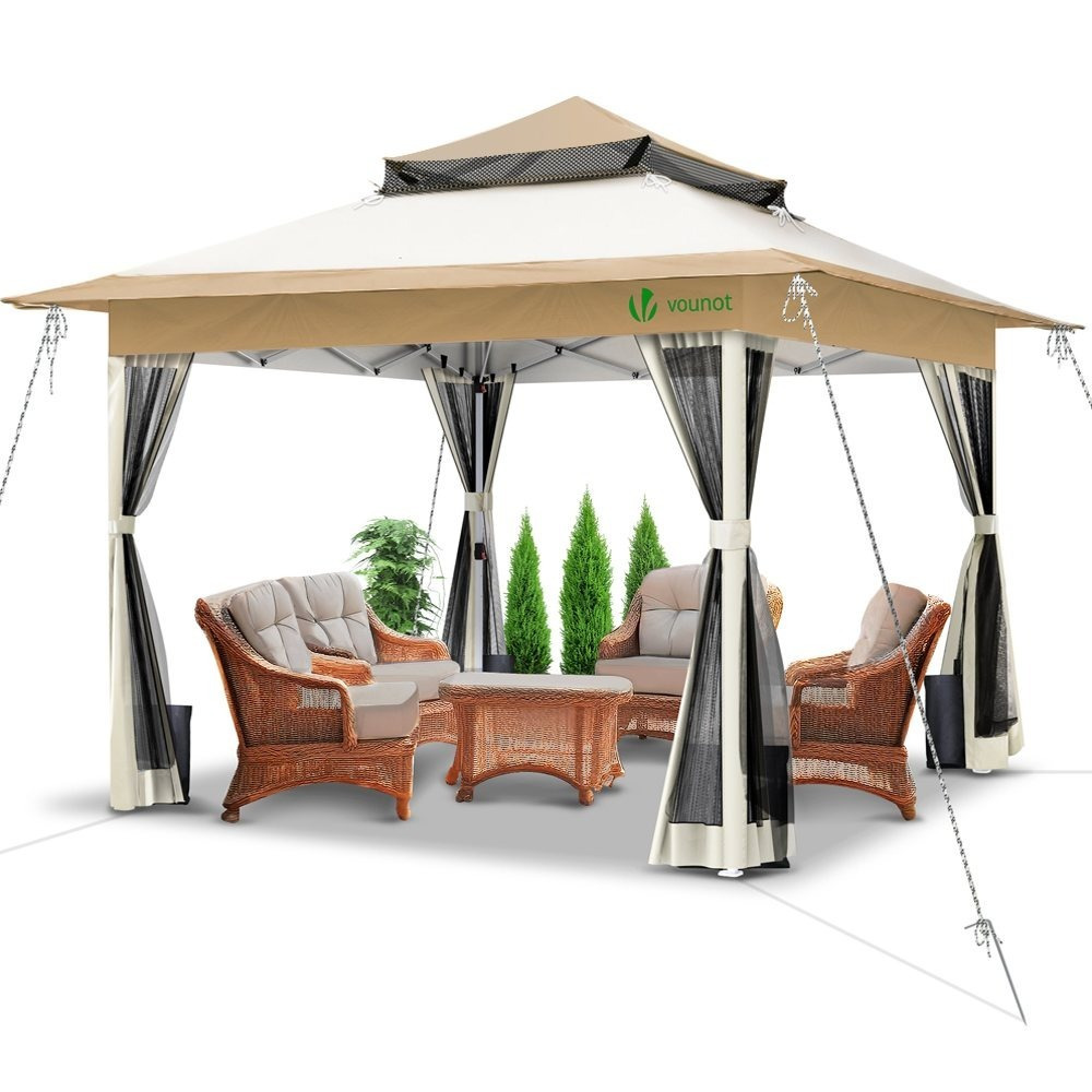 VOUNOT 3,6x3,6m Opvouwbaar UV-bestendig Barnum Tuinpaviljoen voor Buiten met Ademend Gaas, Dubbellaags Dak voor , Tuin, Camping, Inclusief Draagtas