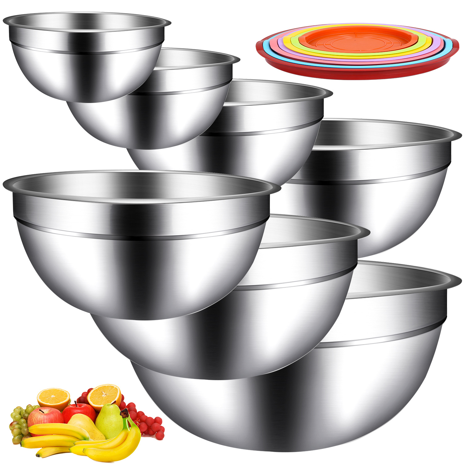 E-shop Edelstahl-Salatschüsseln, 7er-Pack, mit Deckeln, verschiedene Größen, vielseitige Salat- & Nudelschüsseln zum Kochen, Backen und zur