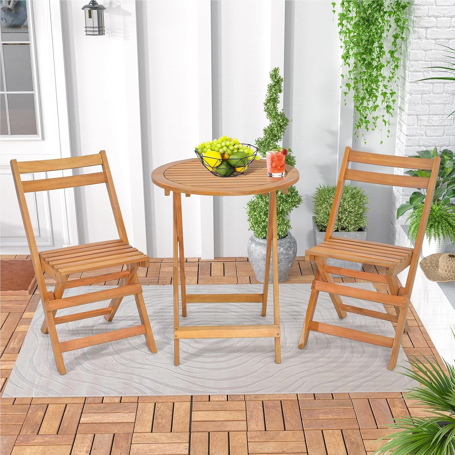 Image of 3-piece Folding Bistro Set, 2 Garden Chairs & Side Table In Acacia Wood, Balcony Seating Set, Garden Furniture For Garden, Balcony