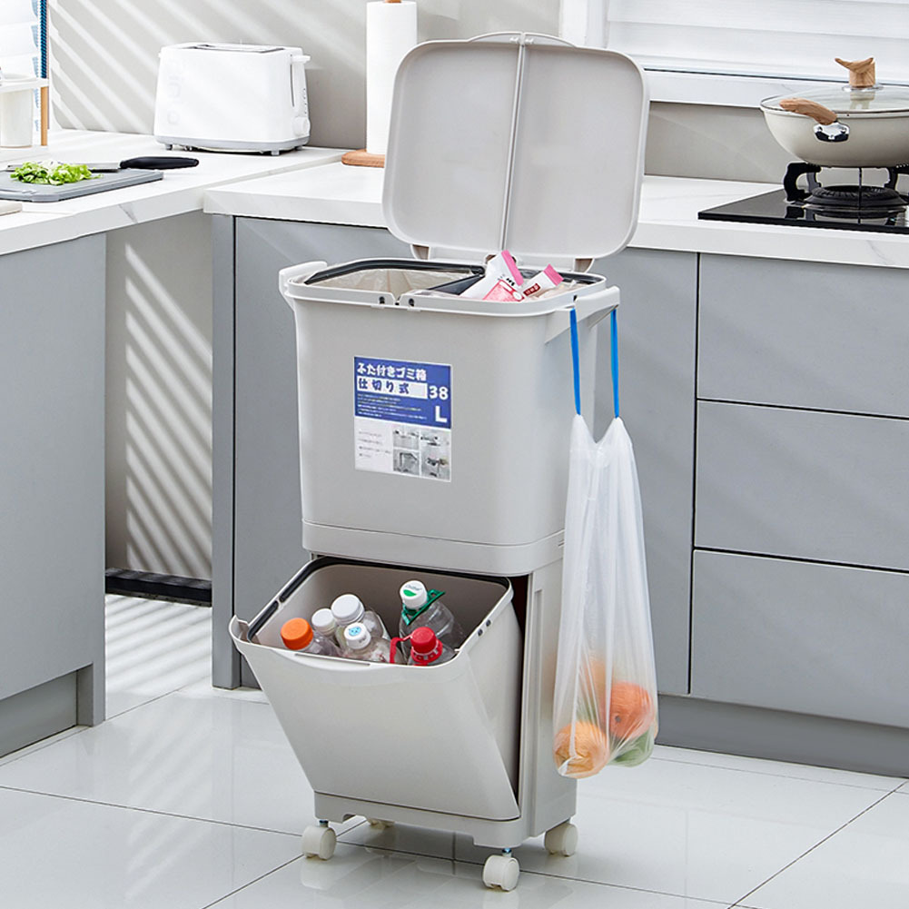 TEMU Efficient 38l Double Layer Kitchen Waste Bin With Dry And Wet , 2-tier Recycling Trash Can, Mobile Design With Wheels, Sturdy Plastic Material,