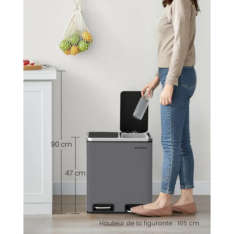 kitchen trash x 15 2 compartment waste system 15 garbage bags waste bin kick bin recyclable waste waste lid rust resistant removable inner buckets pedal soft close lids practical handles details 5