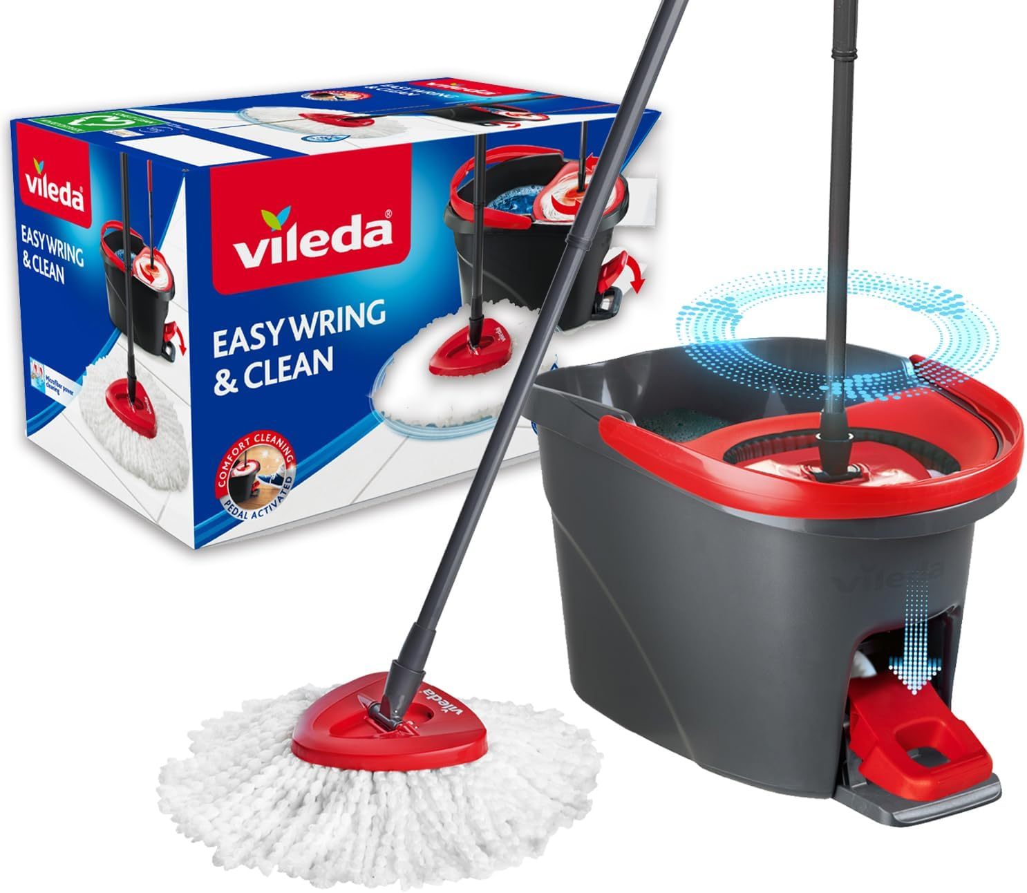Vileda Set Mop And Bucket with Foot Pedal And Easy Spin Wringer, Mop with Extra Long Handle, Triangular Microfiber 2 in 1 Head Ideal for Corners