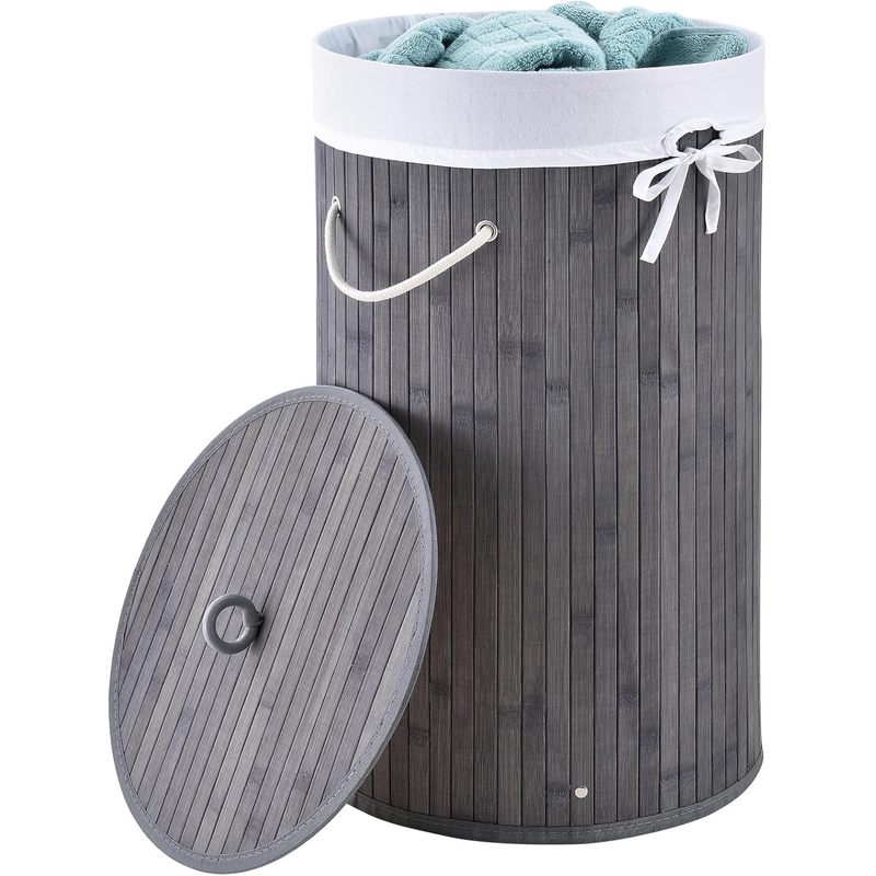 Bamboo Laundry Basket Grey Natural Hygienic & Foldable Laundry Basket With Lid, Carrying Handle & Laundry Bag Natural Bamboo Look