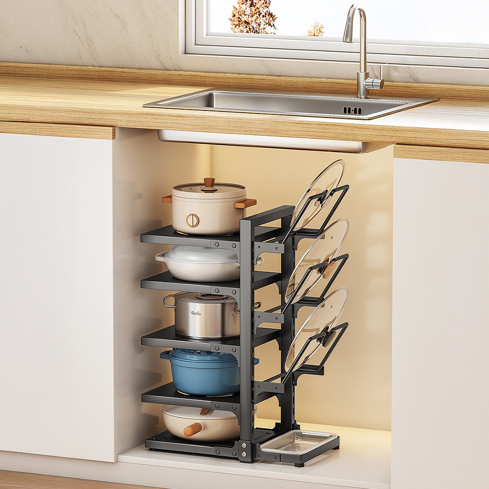 TEMU Versatile 5 Tier Kitchen Storage Rack For Pots, Pans, And Utensils, Sturdy Carbon Steel Construction With Non-slip Dividers, For Countertops Or