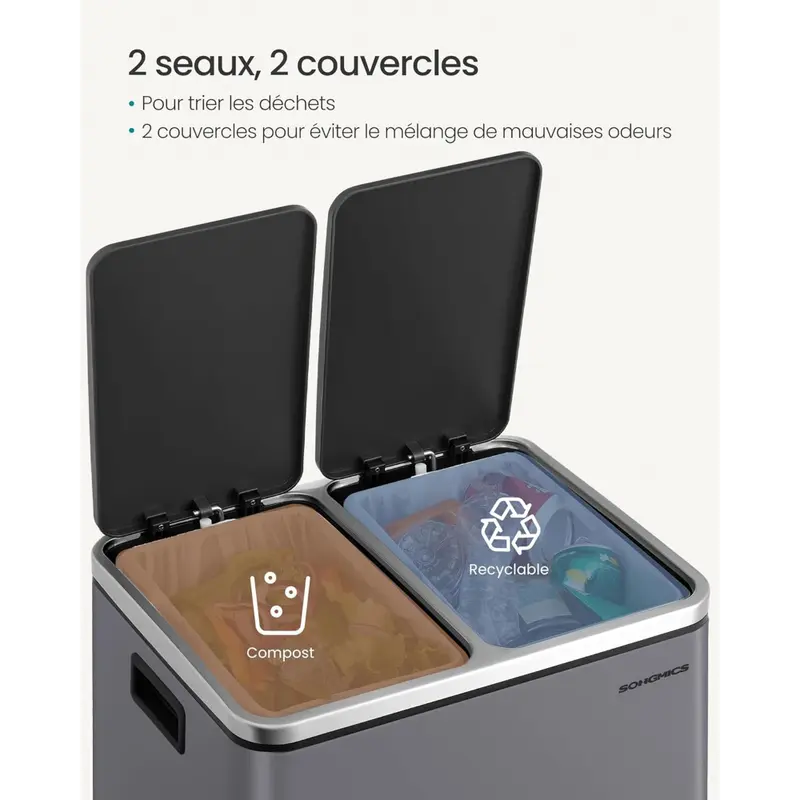 kitchen trash x 15 2 compartment waste system 15 garbage bags waste bin kick bin recyclable waste waste lid rust resistant removable inner buckets pedal soft close lids practical handles details 3