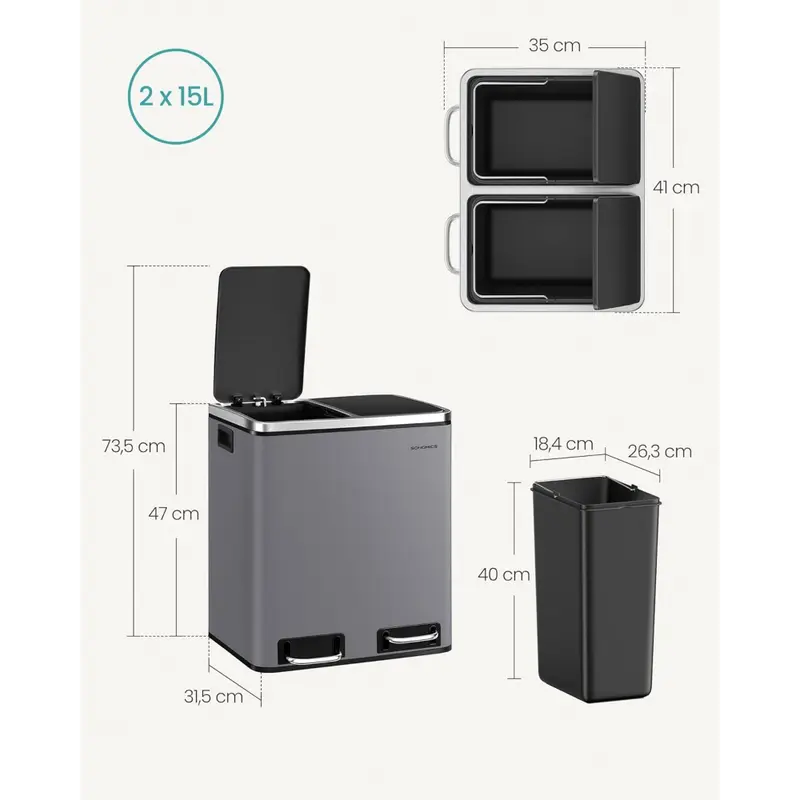 kitchen trash x 15 2 compartment waste system 15 garbage bags waste bin kick bin recyclable waste waste lid rust resistant removable inner buckets pedal soft close lids practical handles details 2