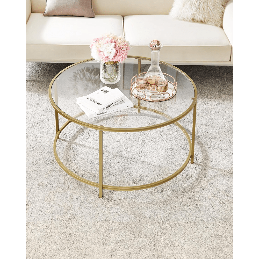 TEMU Round Coffee Table For Living Room, Glass Coffee Table With Metal Frame, Modern Coffee Table