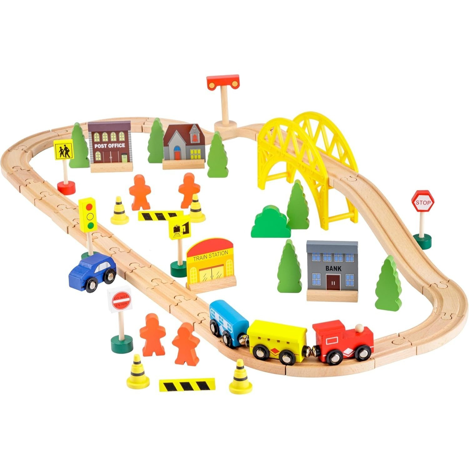 Image of Baroni Toys Wooden Toy Train And Carriage Set For Kids, Educational Role-play Train And Carriage With Accessories, Ages 3+