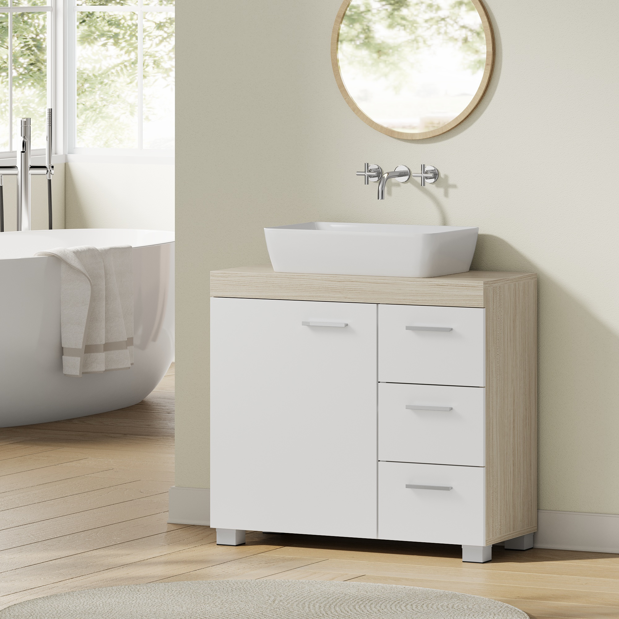 E-shop Waschbeckenunterschrank, Badezimmerschrank, 3 große Schubladen, Badschrank, 2 Fächer hinter der Tür, Badezimmer-Unterschrank mit Füßen, 30 x 70