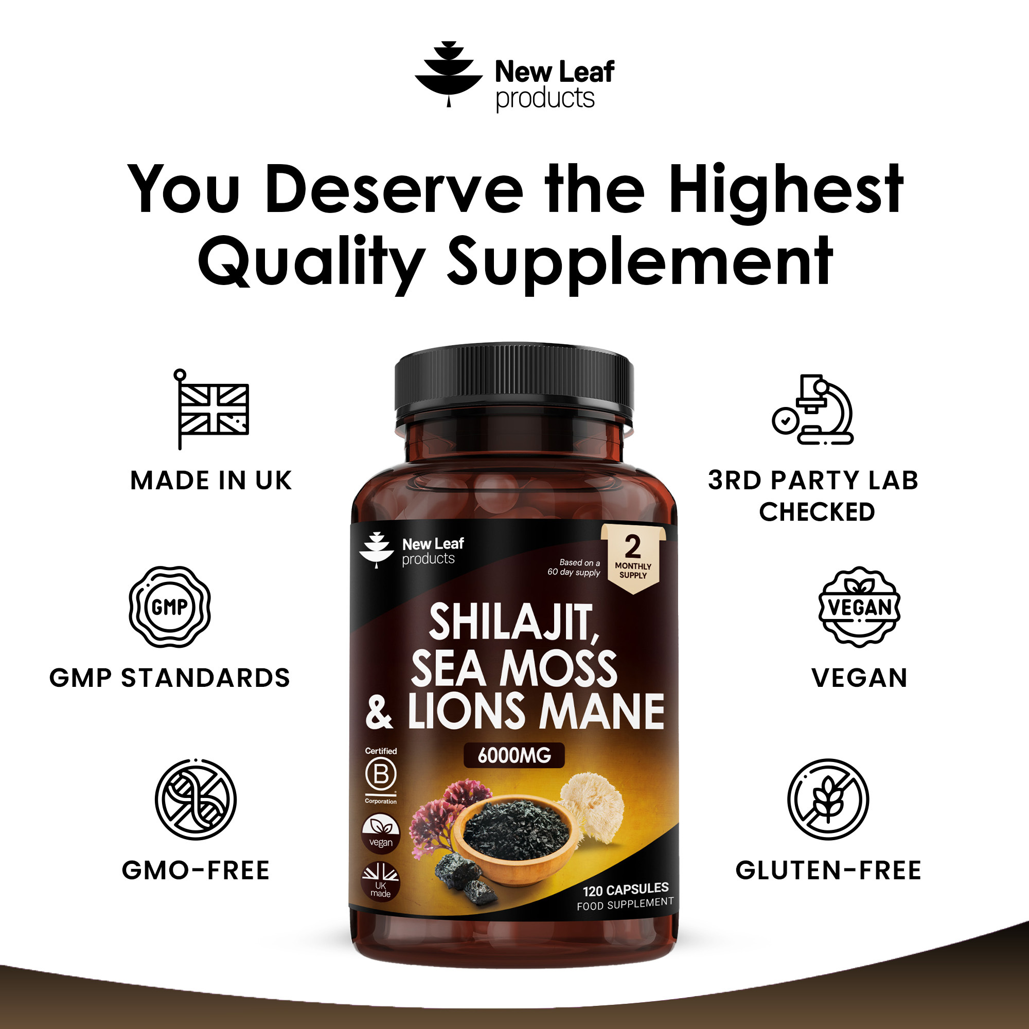 Shilajit, Sea Moss & Lions Mane Capsules - 120 High Strength 6000mg Capsules with 60% Fulvic Acid
