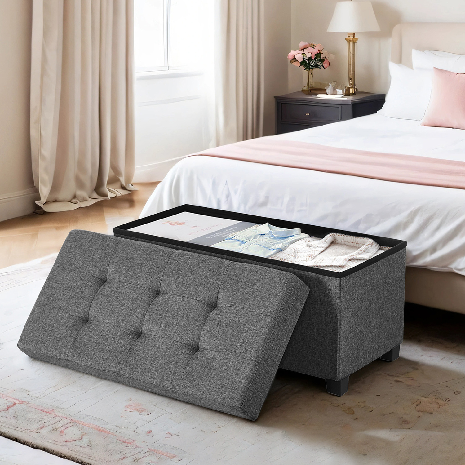 Storage Stool, Foldable Bench With Legs, Storage Box, 38.1 X 76.1 X 40.1 Cm Footstool, Loadable Up To 300 Kg
