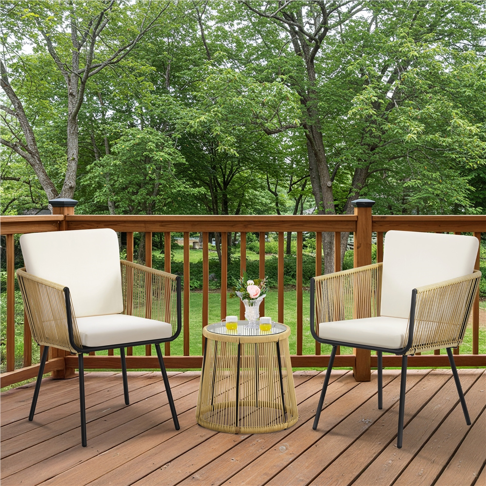E-shop Costoffs 3er Rattan Gartenmöbel Set Balkonset inkl. 2 Stühle und 1 Tisch mit Hartglasplatte und Rückenkissen Gartensitzgruppe für Outdoor Balkon