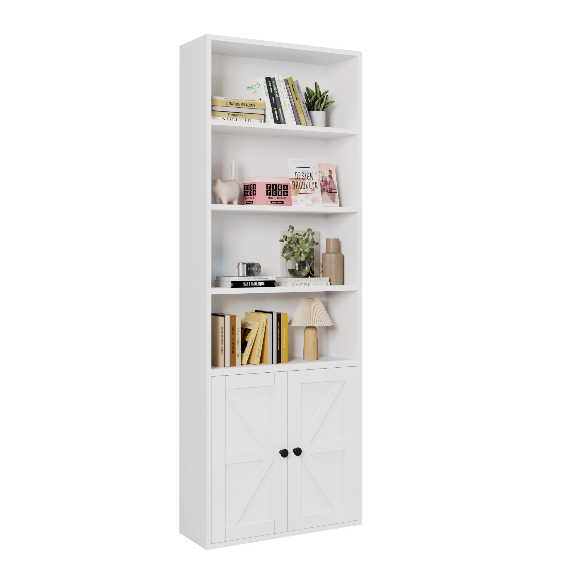 Bonllo Bookcase, Bookcase With 2 Doors And 6 Shelves, Showcase Cabinet, Wooden Living Room Cabinet, Kitchen Cabinet For Living Room, Bedroom, Office, Study, 60x23.5x180cm, White