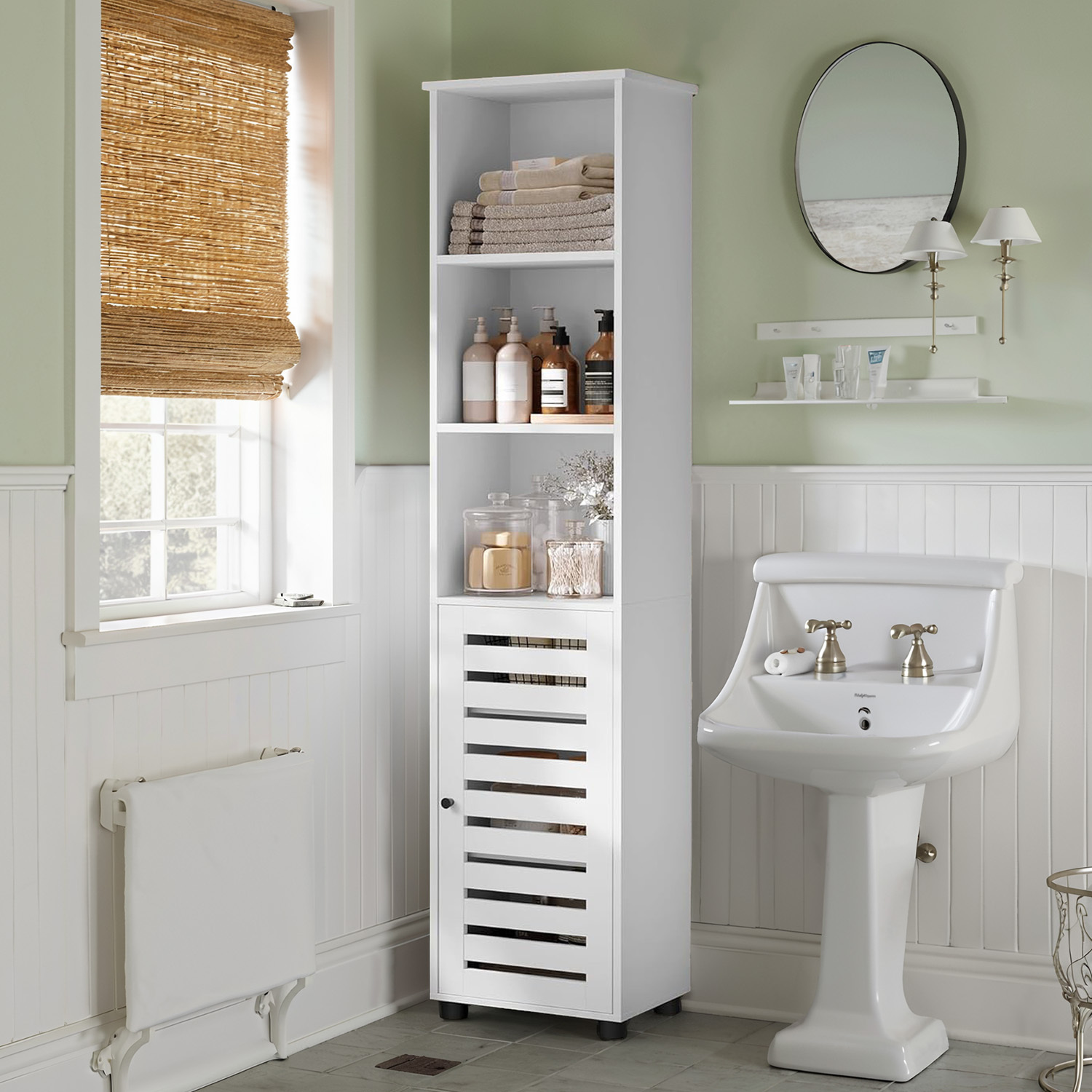High Bathroom Cabinet, Standing Bathroom Shelf, Tall Bathroom Cabinet, 3 Open Compartments, 2 Adjustable Shelves