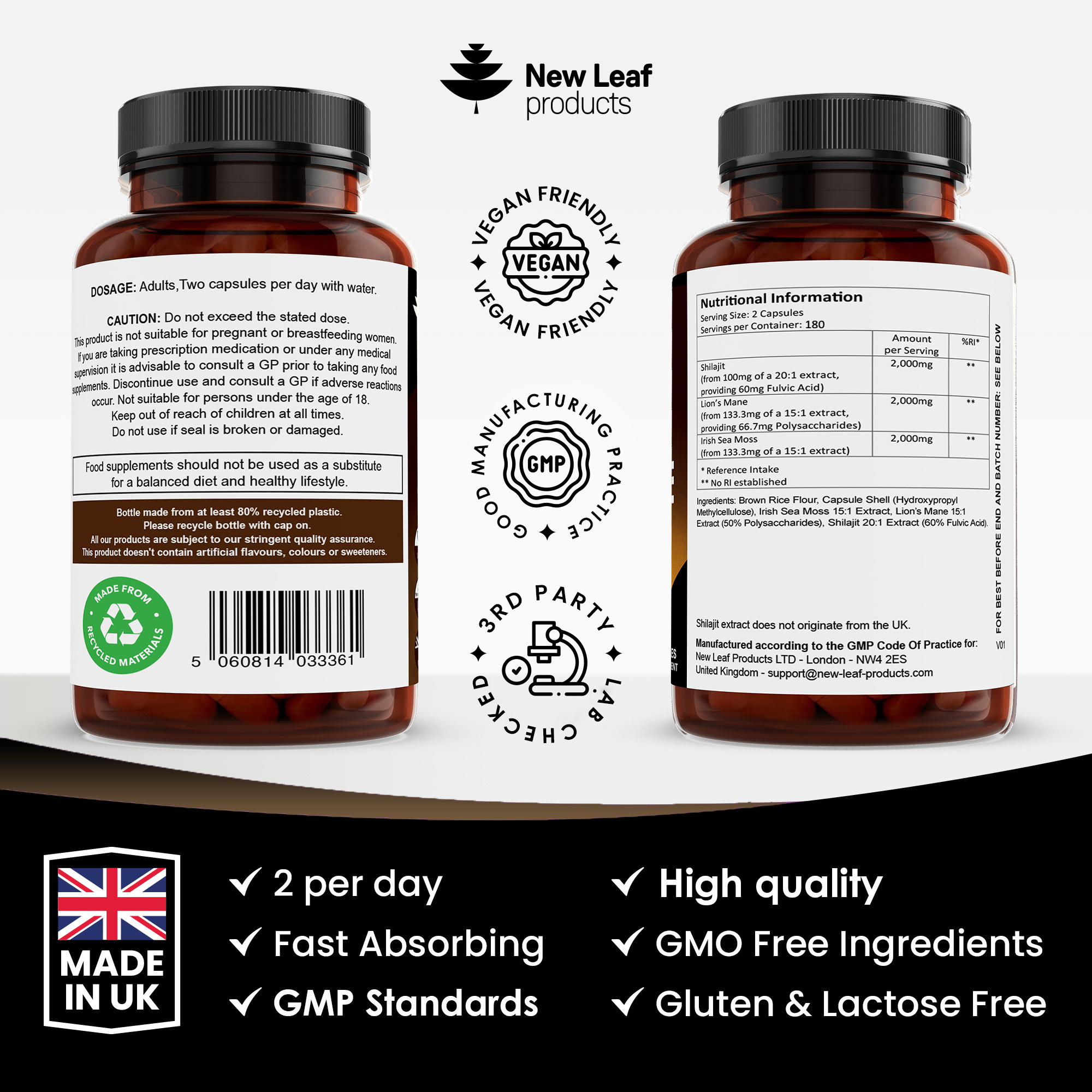 Shilajit, Sea Moss & Lions Mane Capsules - 120 High Strength 6000mg Capsules with 60% Fulvic Acid