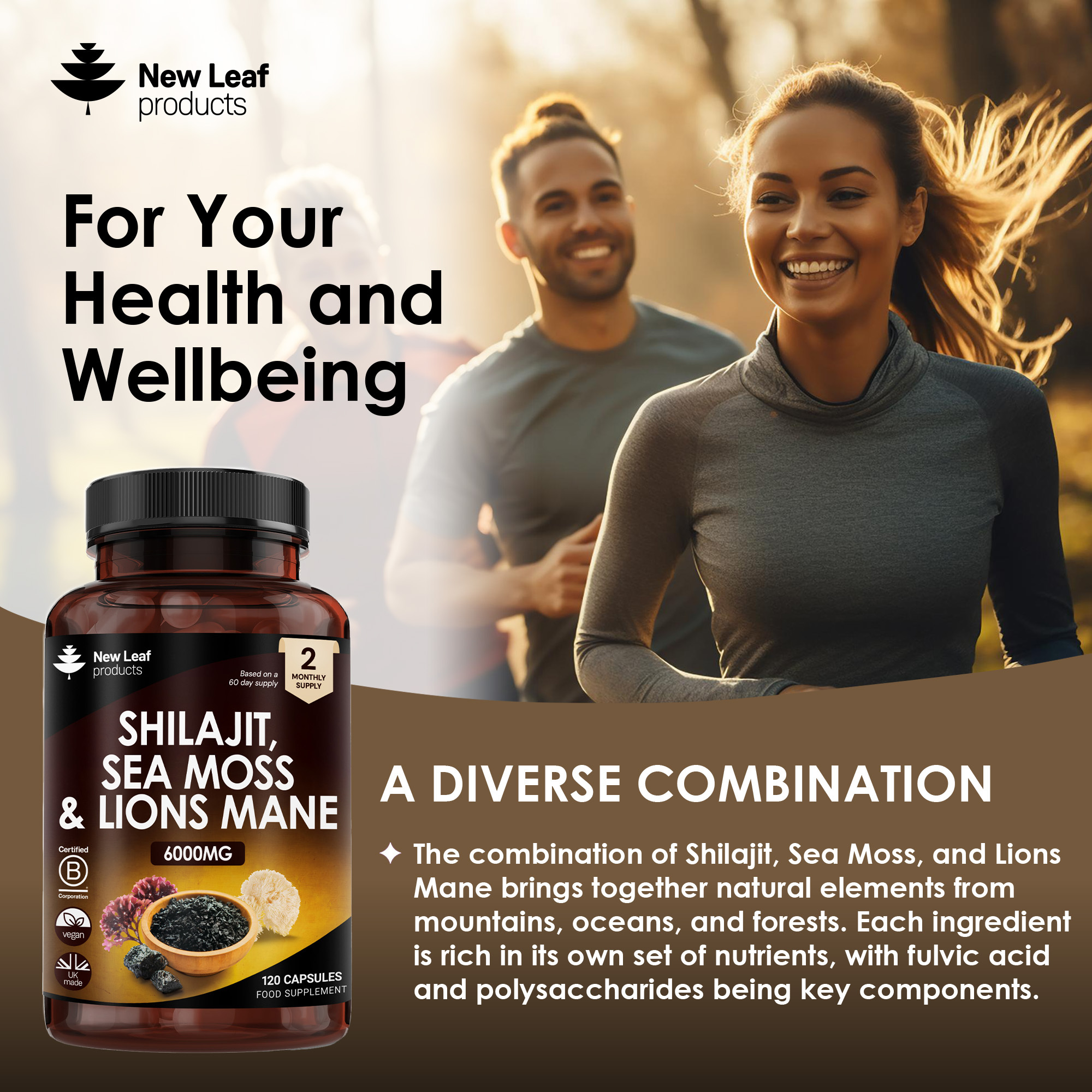 Shilajit, Sea Moss & Lions Mane Capsules - 120 High Strength 6000mg Capsules with 60% Fulvic Acid
