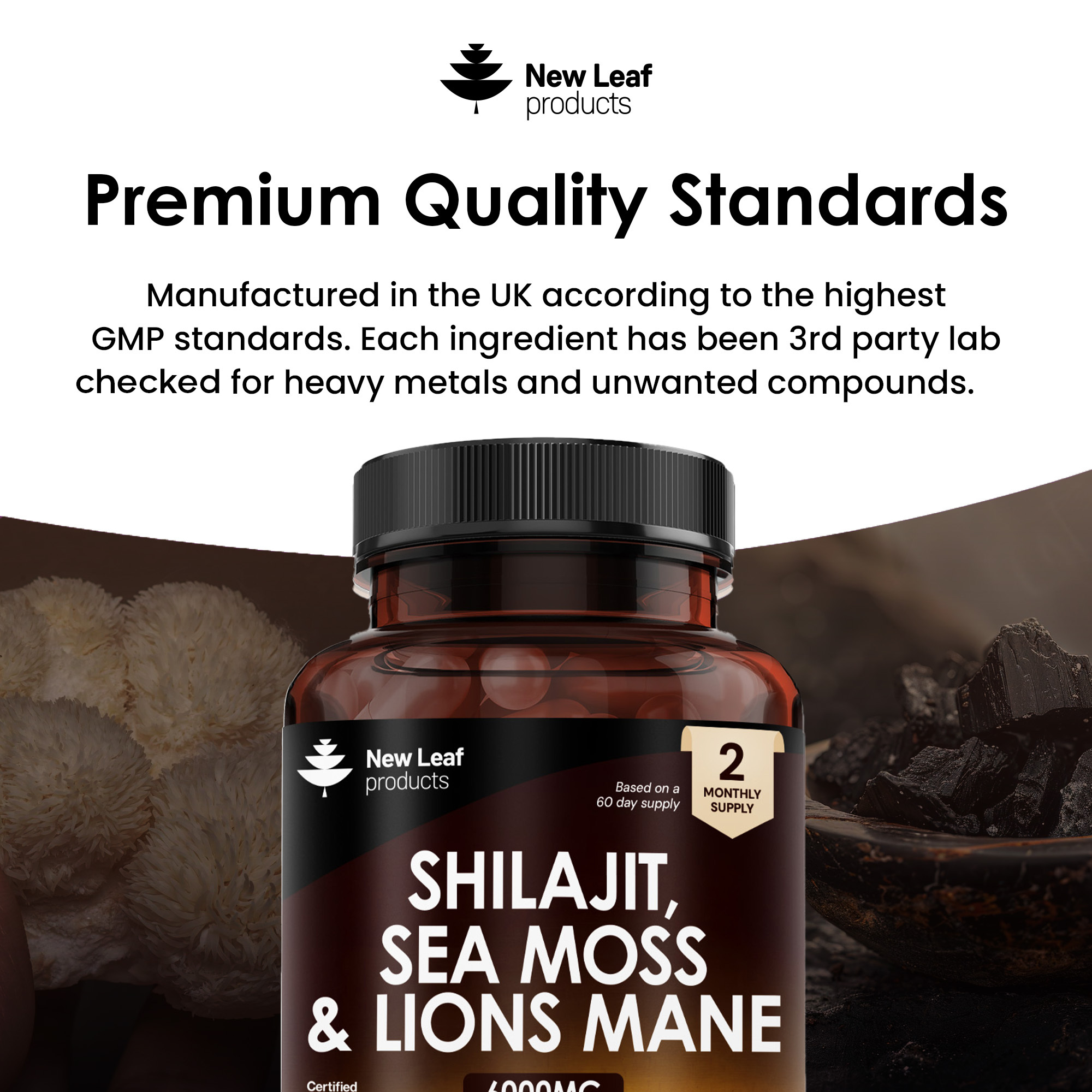 Shilajit, Sea Moss & Lions Mane Capsules - 120 High Strength 6000mg Capsules with 60% Fulvic Acid
