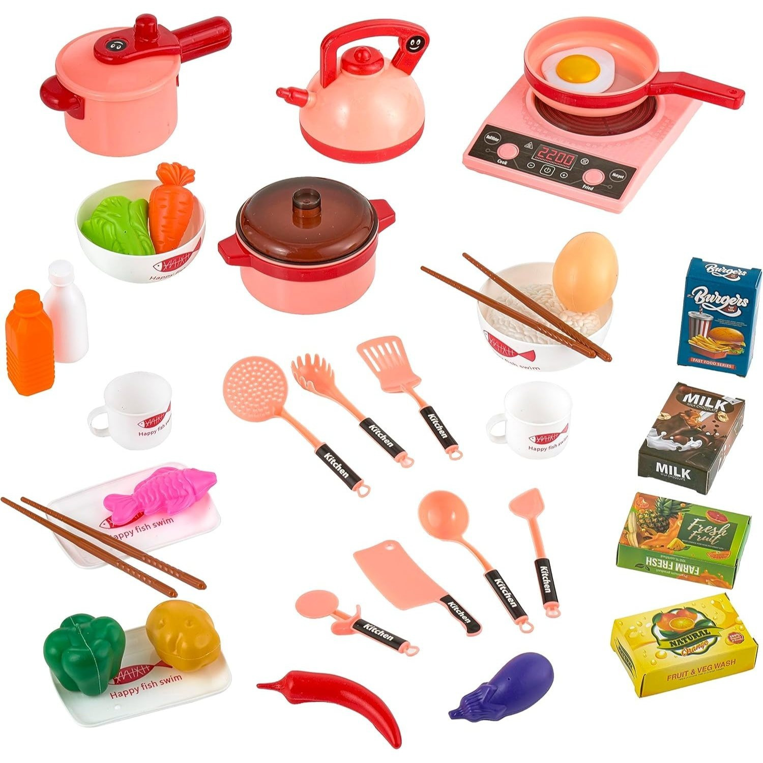 Image of Baroni Toys Kitchen Accessory Set For 30pcs, Kitchen Toys Stove Pots And Toy Food, Role Play, Sushi Preparation Game 3 4 5 6 7 Years