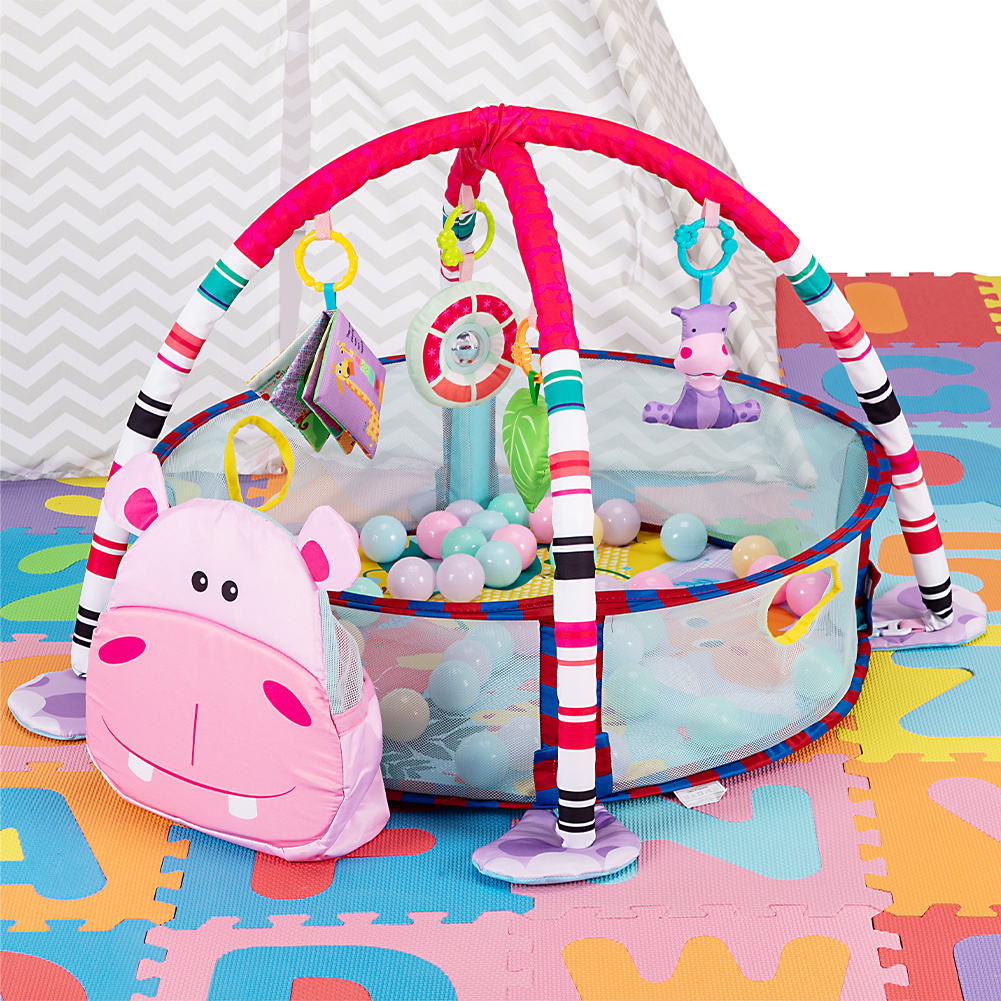 Image of Bakaji Neonato Multifunzione 4 In 1, Box Tappetino Recintato Con Palline Colorate E Giocattoli Pendenti, Tappeto Imbottito Con Morbido Tessuto Per Bambini E Rete Removibile