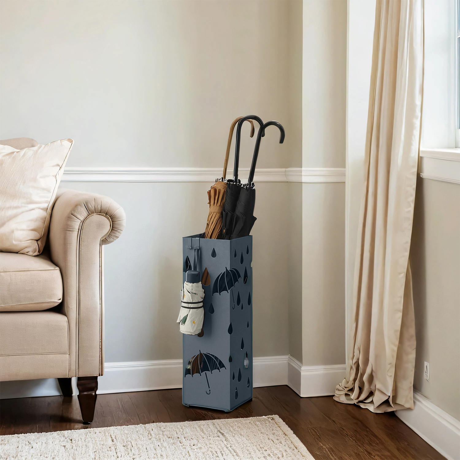 Image of Umbrella Stand Made Of Metal, Umbrella Stand, Square, With Water And 4 Hooks, Freestanding Cubby Shelf, Stable And Design, Stylish Cutout Style