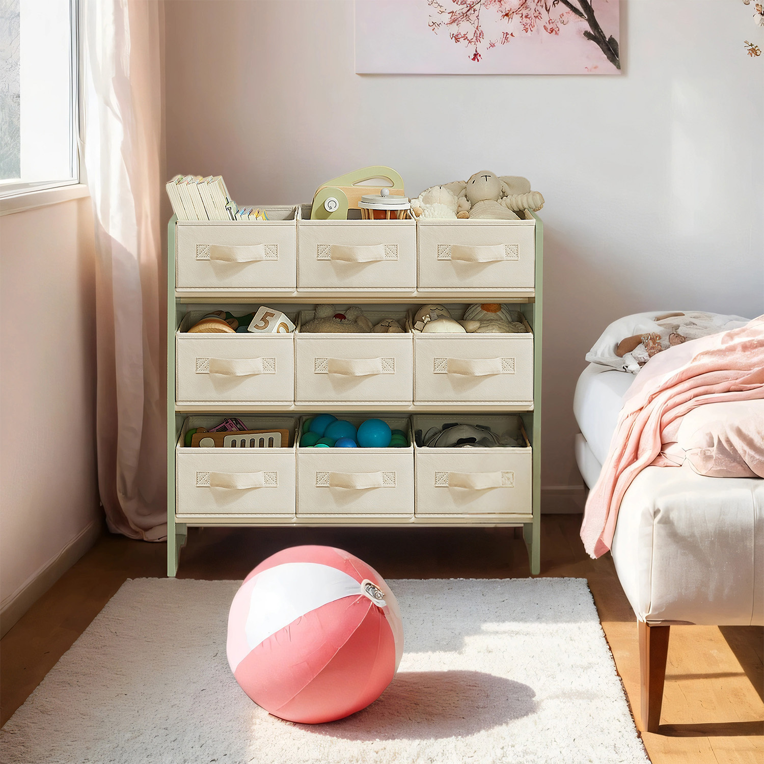 Shelf With 9 Felt Storage Boxes, Spacious, Size: X 62.5 X 60 Cm