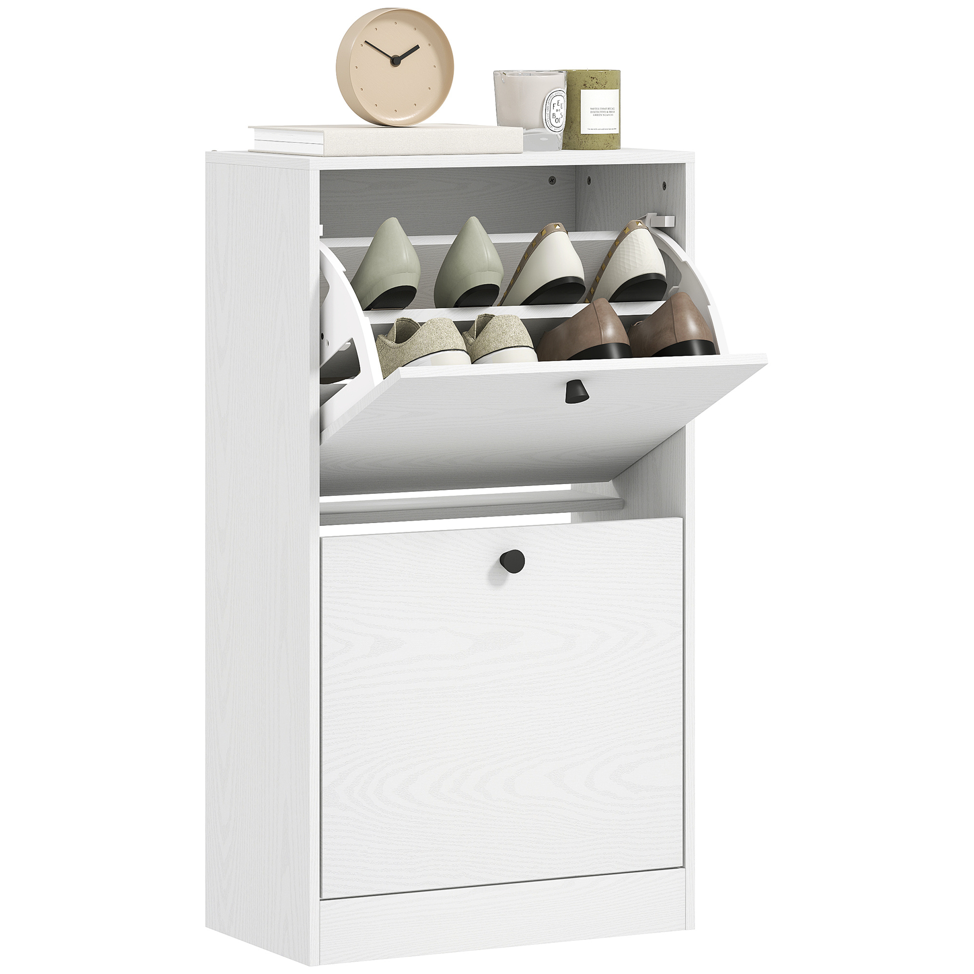 Image of Narrow Shoe Cabinet Entryway Shoe Organizer With 2 Foldable Drawers And Adjustable Shelves For 8 Pairs Of Shoes Shoe Closet For Hallway 47x26x85 Cm White