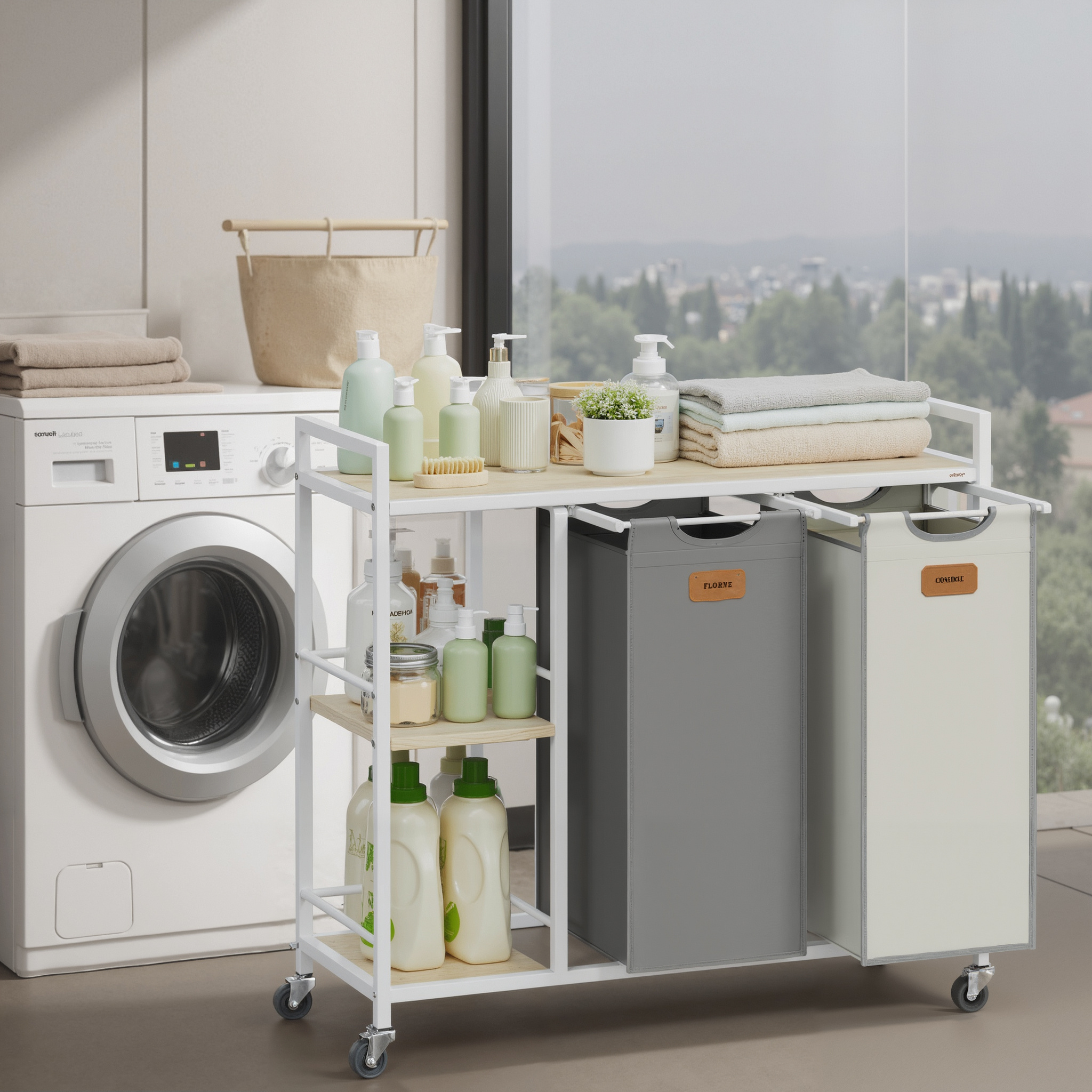 Laundry Basket 2 Compartments, Laundry Collector 100 L, Laundry Sorter, Casters, Laundry Cart With Shelves, Laundry Bag, With Removable Pockets, 6 Labels