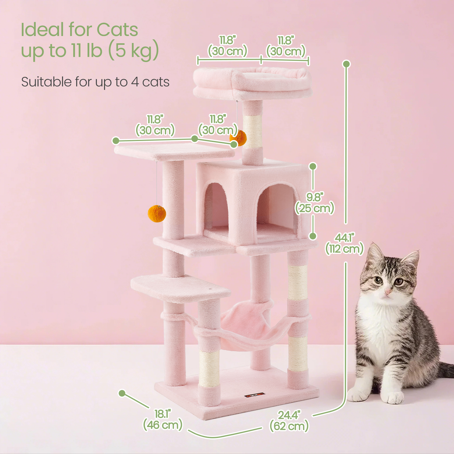 Multi-Level Cat Tree, Cat Tower Condo with 4 Scratching Posts, Hammock, Cave, Toys