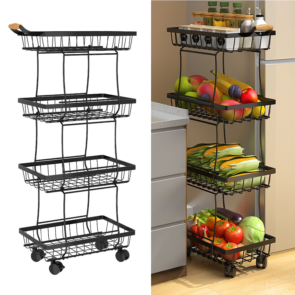 TEMU 4-tier Storage Cart With Wooden Handles, Multi-level Kitchen Shelving Unit With Locking Wheels & Ventilated Design, Heavy Duty Rolling Vegetable