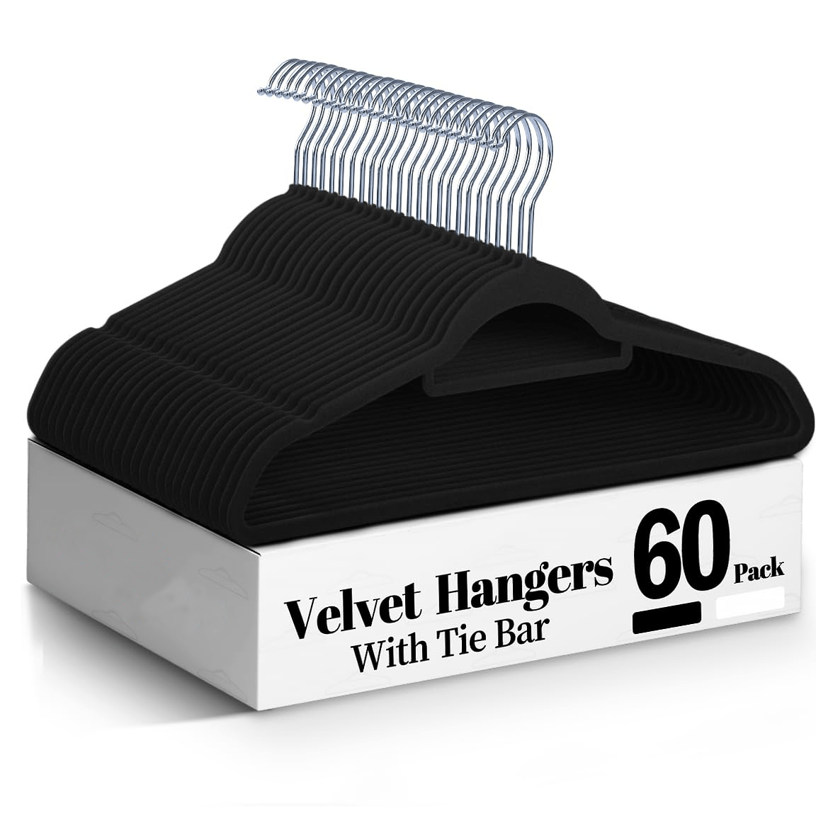 E-shop 60 STK SCHWARZES Samt-Gel für Mantel, Platzsparender Rutschfester Kleiderbügel mit Krawattenhalter, 360 Grad Drehbar Geeignet für Leihjacken,