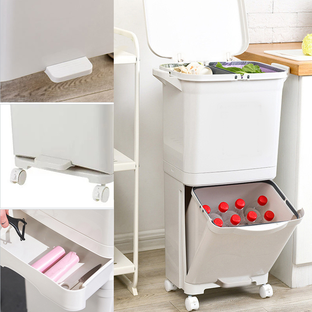TEMU Large Capacity Rolling Trash Bin, 38l 42l Dual Compartment Waste Bin For , Mobile Kitchen & Living Room Rubbish Bin, Sturdy Plastic