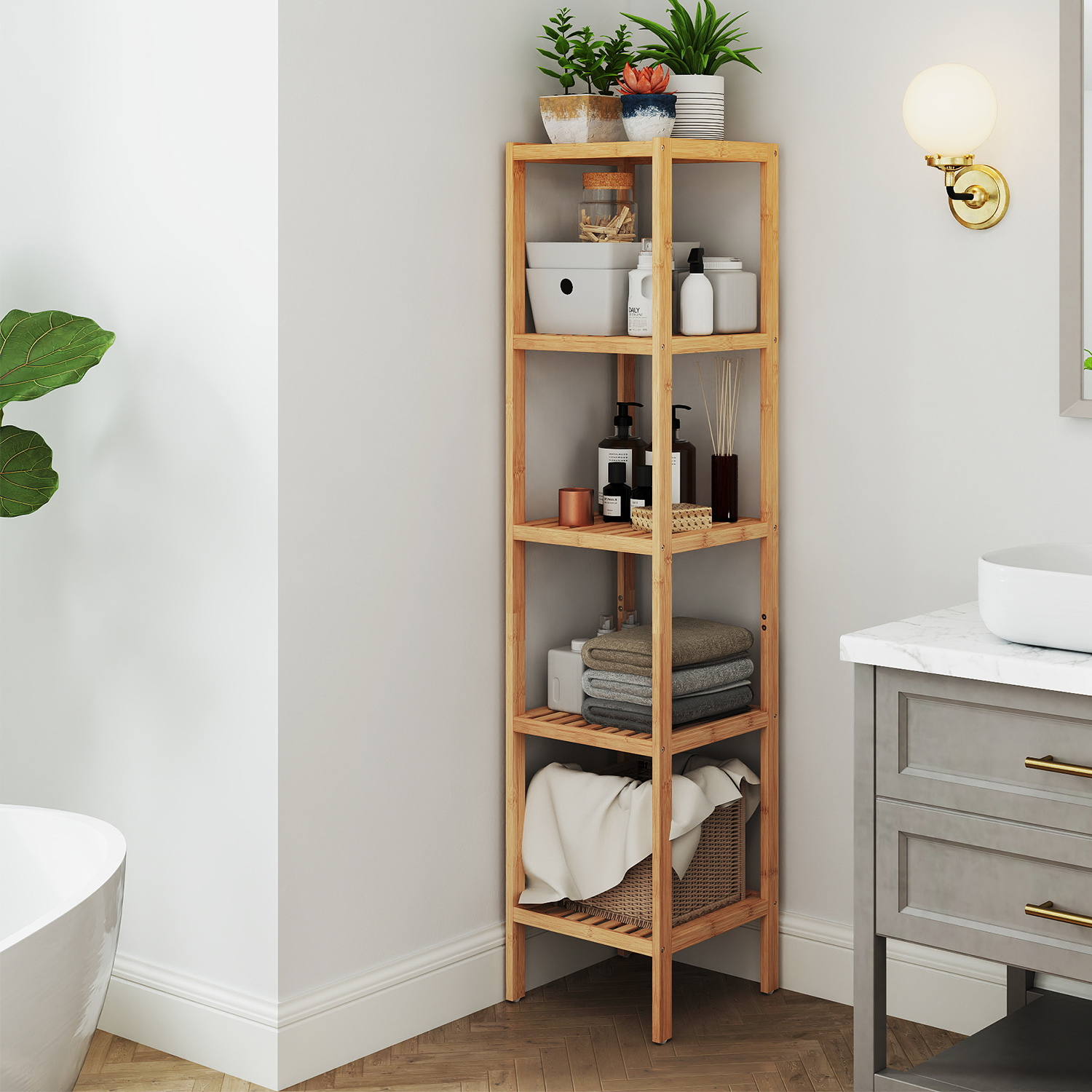 TEMU 5-tier Shelving Unit, Narrow Standing Shelf, Bamboo Shelf, Multi-functional Storage Shelf, For Kitchen, Living Room, Bedroom