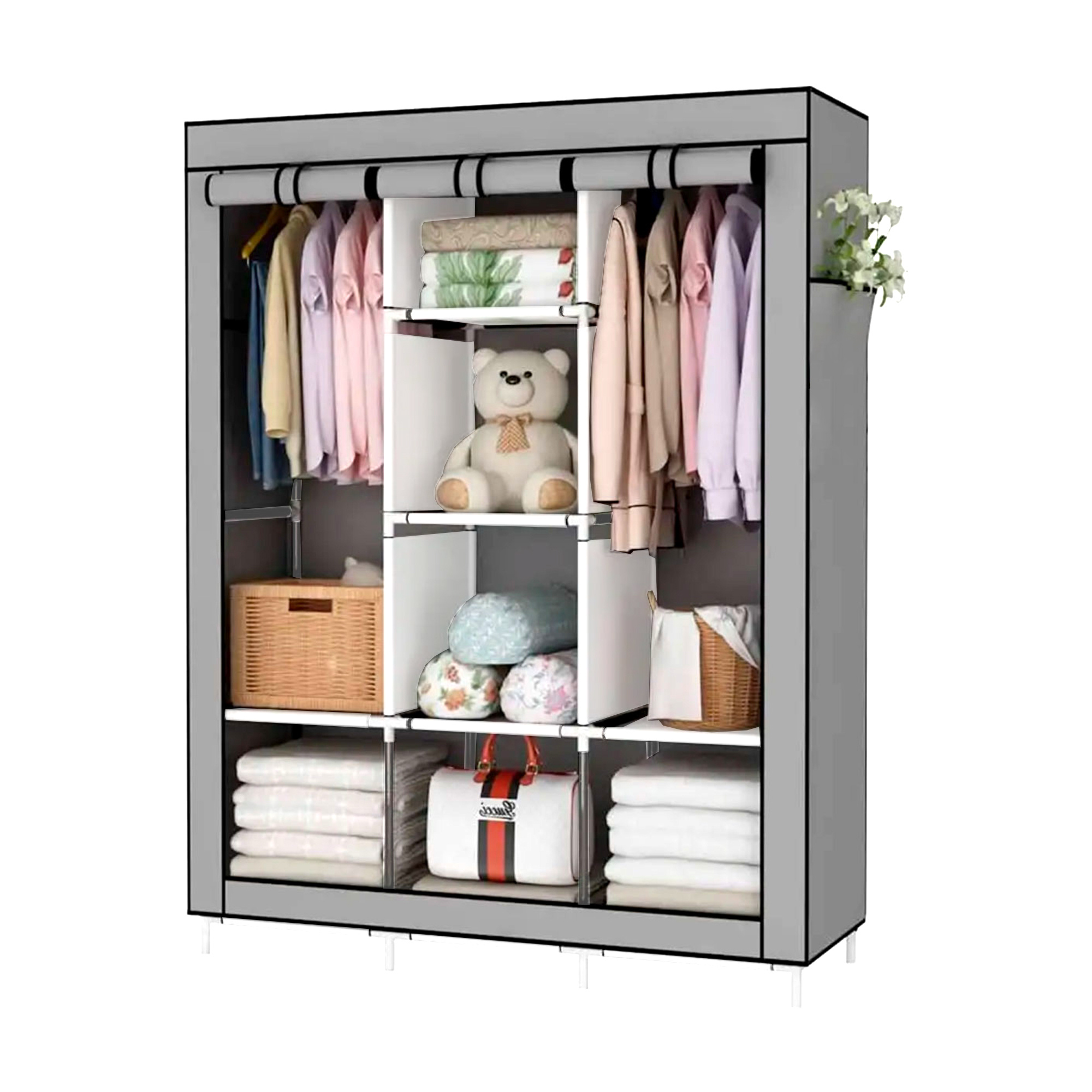 Armario Vestidor de Tela Home 170x127x45 cm, Organizador de Ropa con Cremallera, Bolsillos , , 6 Huecos, 2 Roperos, Estructura de Acero, Fácil Montaje y Gran Capacidad