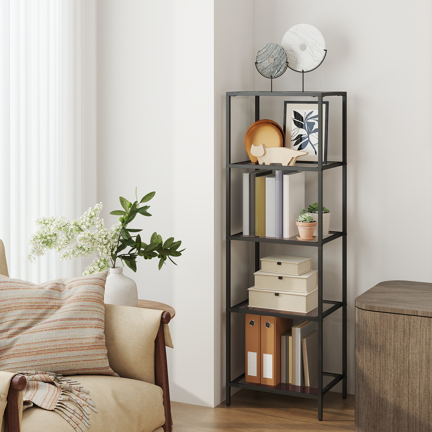 TEMU 5-tier Glass Shelf, Bookshelf, Storage Shelf, Tempered Glass, , Bathroom, Living Room, Freestanding, Stable Design, Versatile Use, Minimalist Style