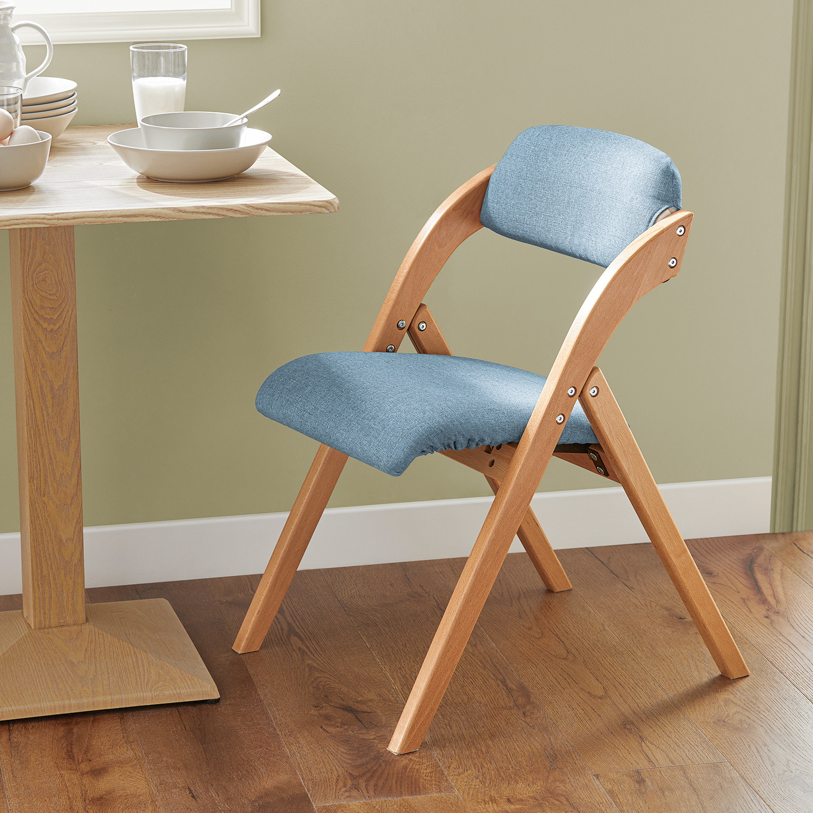TEMU 1 pieza Silla Plegable de Madera Acolchada Ergonómica - Silla de Cocina y Oficina para Comedor o Salón, para Espacios Pequeños, Azul - GTU03-CM