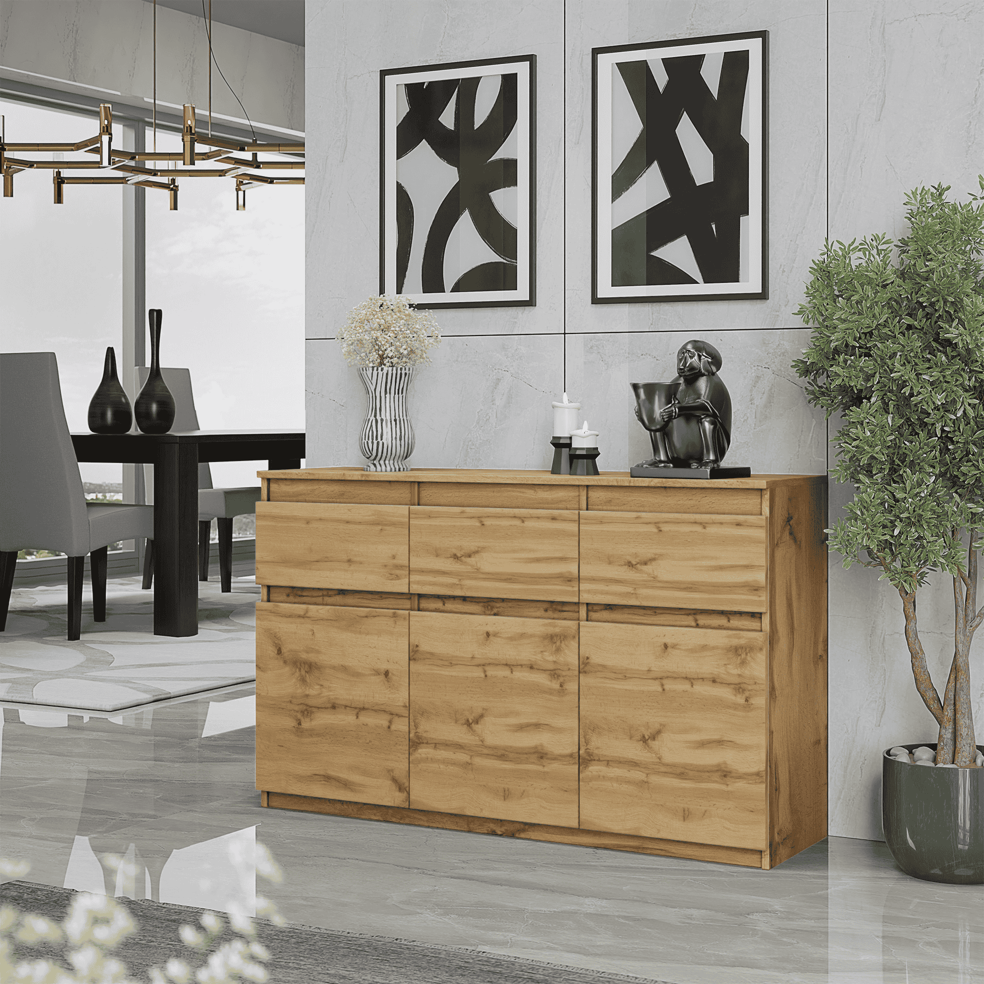 Image of Chest Of Drawers / Sideboard With 3 Drawers And 3 Doors - 120x75x35cm